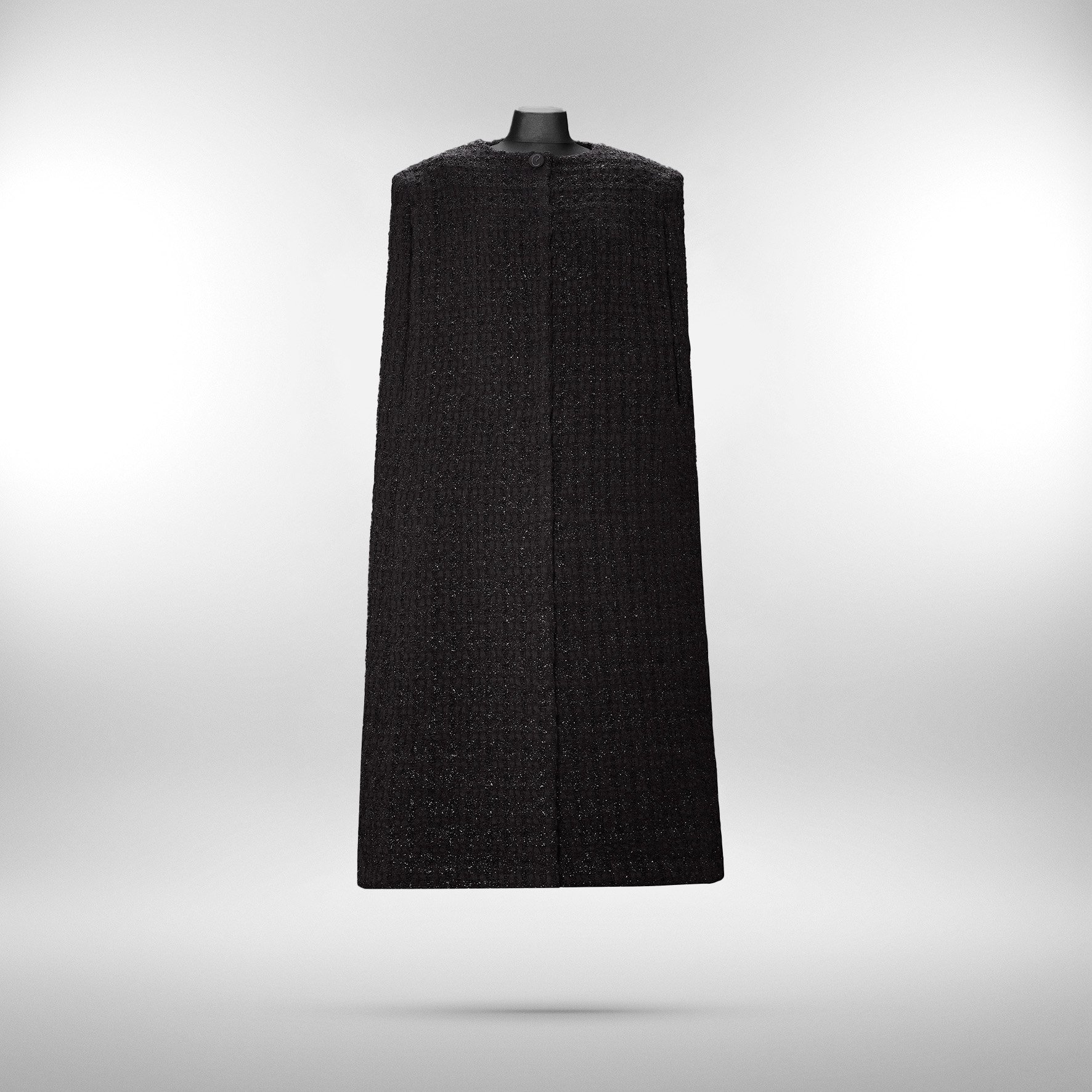 Alice Cape in Black Plum Bouclé — Mid-Calf Sculptural Wool Cape with Metallic Thread
