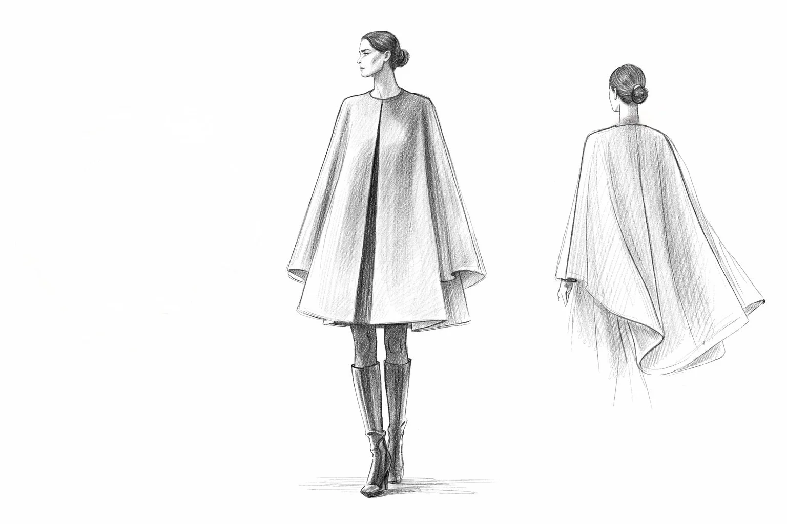 pencil sketch of the audrey cape by castellaines, shown front and back, highlighting the signature a-line silhouette and round neckline