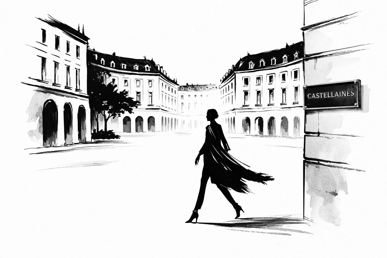 Ink illustration of a woman in heels crossing an abstract Parisian square, with classical façades and a discreet plaque reading Castellaines, evoking Place Castellaines as a personal place of creation and movement.