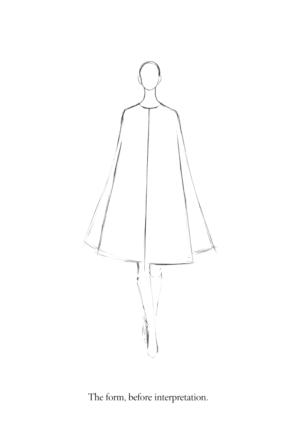 Illustration of the CASTELLAINES black cape silhouette, showing the signature A-line form and round neckline.