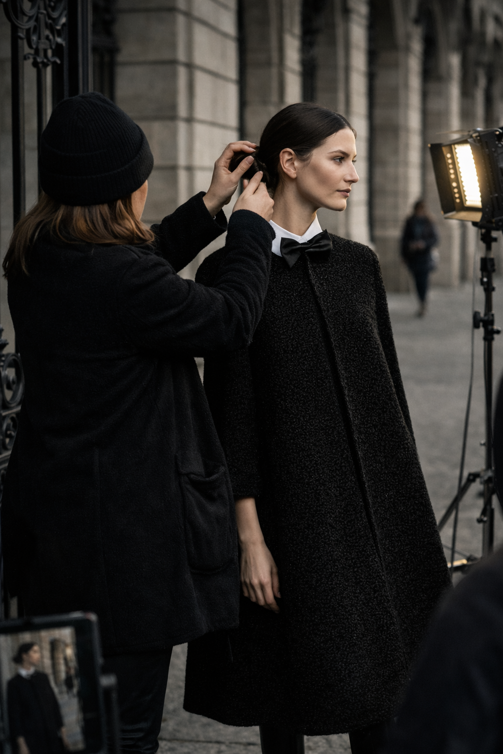 Model in a black textured cape and bow-tied collar as a stylist refines her hair, captured in a calm backstage moment before the shot