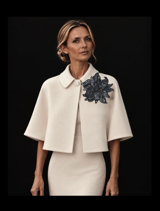 Discover the Magnolia Nocturne Brooch by CASTELLAINES, a sculptural black floral brooch crafted in layered fabric with glass bead embellishment. Designed as a statement accessory for capes, collars and jackets.