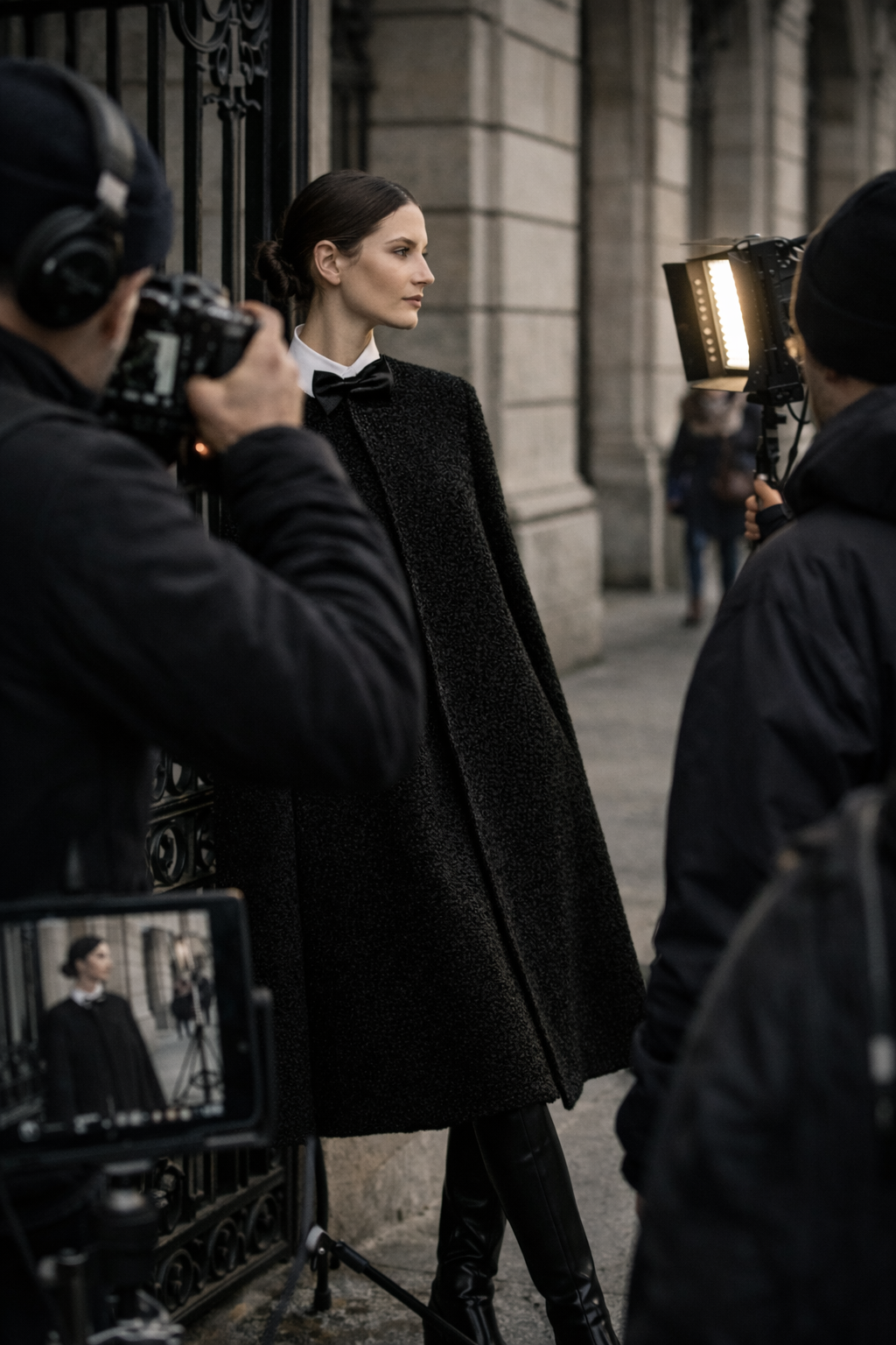 Photographer framing a model in a black bouclé cape under studio lighting, capturing a refined editorial portrait during an outdoor shoot