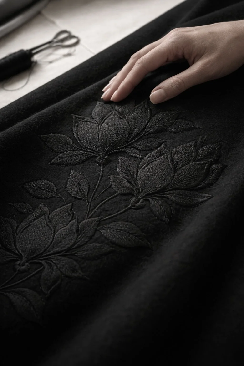 Magnolia embroidery detail on black cape fabric