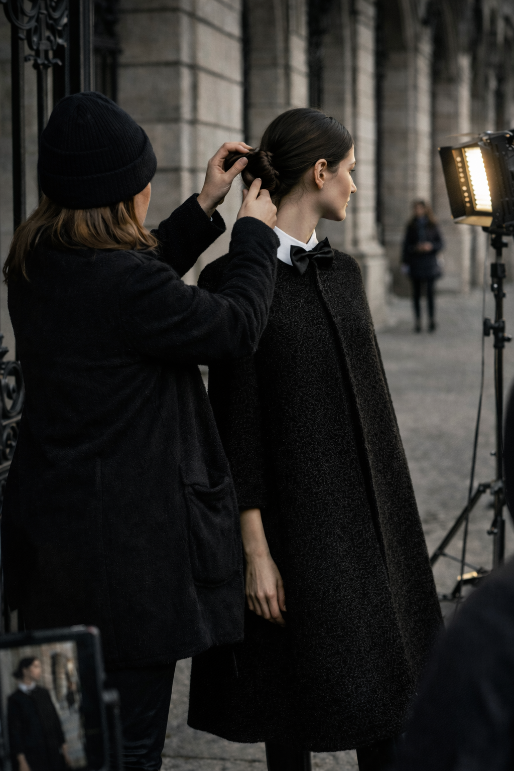 Stylist adjusting a model’s low bun during an outdoor fashion shoot, featuring a structured black bouclé cape and soft directional lighting
