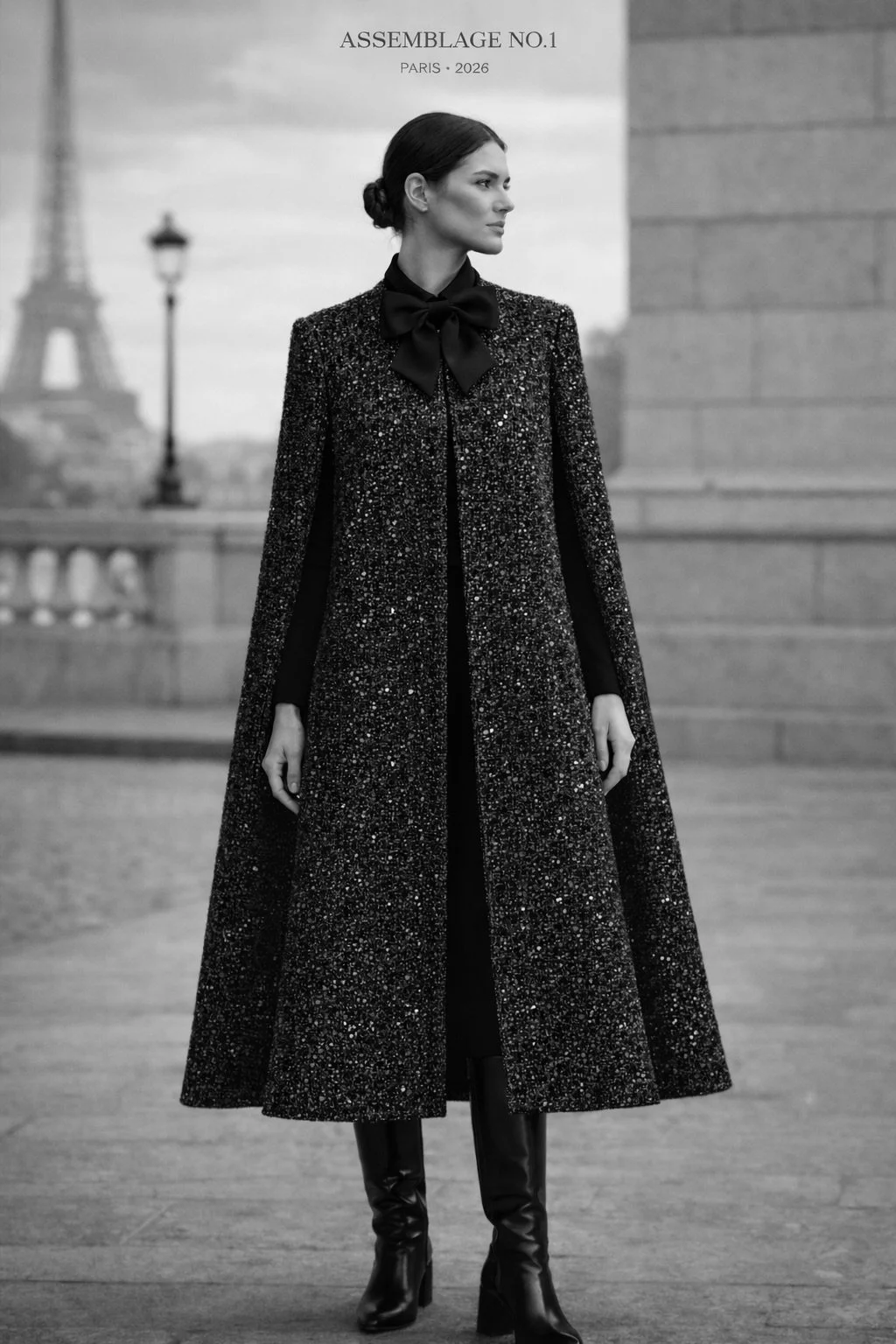 Editorial collage featuring a model in a black bouclé cape with bow detail near the Eiffel Tower, layered with black and ivory textile silhouettes and flowing garment textures