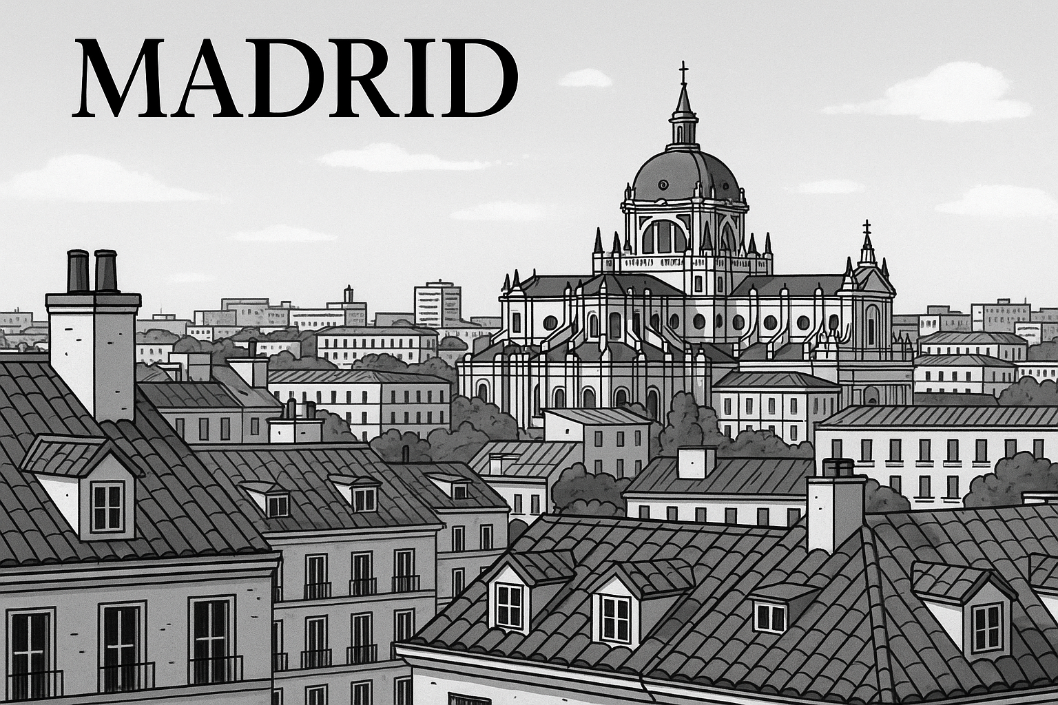 Black-and-white illustration of Madrid’s skyline with Almudena Cathedral, rooftops, and historic architecture, created for the Castellaines Travelling Cape Madrid introduction..