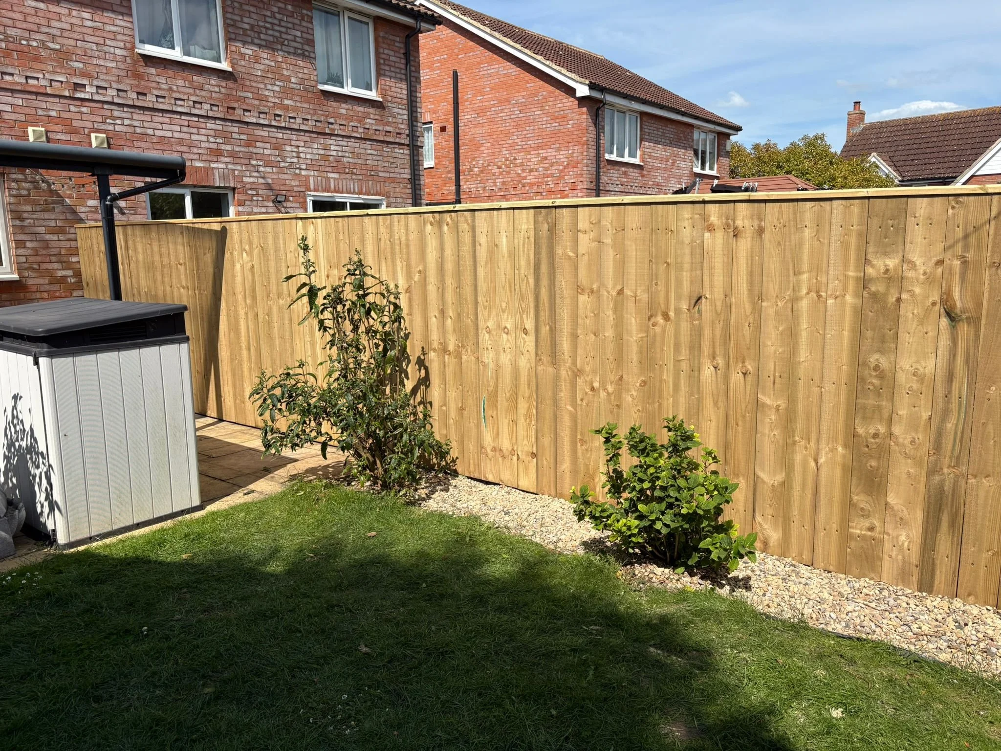 A backyard with a wooden privacy fence, two small bushes near the fence, a grass lawn, and part of a shed or storage box on the left, with houses visible in the background under a partly cloudy sky.
