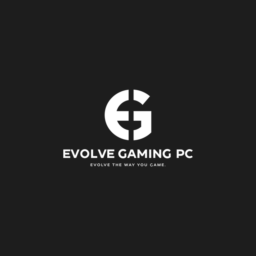 Black background with a white logo of a stylized G, text 'EVOLVE GAMING PC,' and slogan 'EVOLVE THE WAY YOU GAME.'