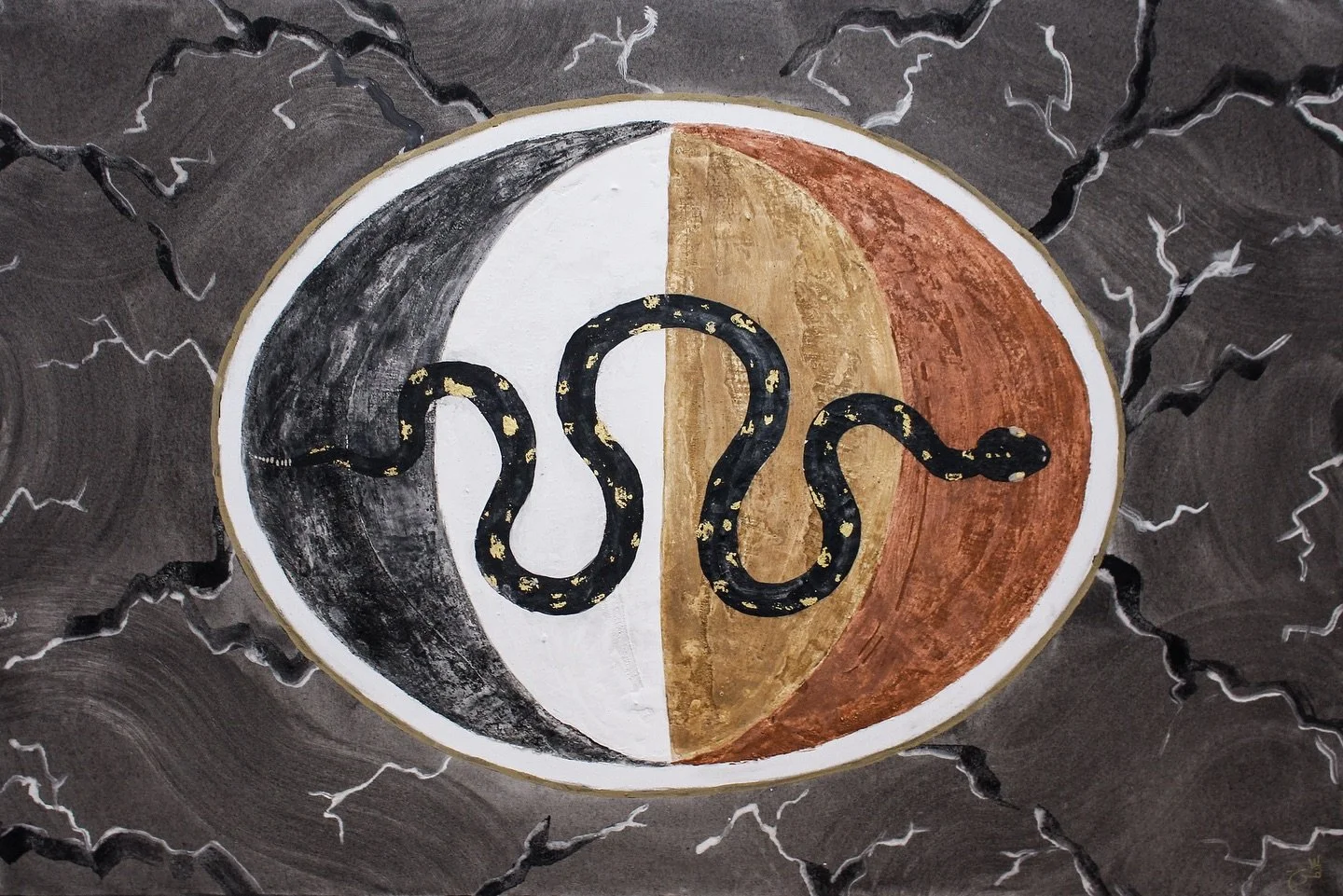 Magnum Opus. This painting shows the Cosmic Egg, a universal symbol in creation myths, representing the universe emerging from an egg-like shell 🥚The snake winds through it and all colours of the magnum opus, carrying the energy of transformation an