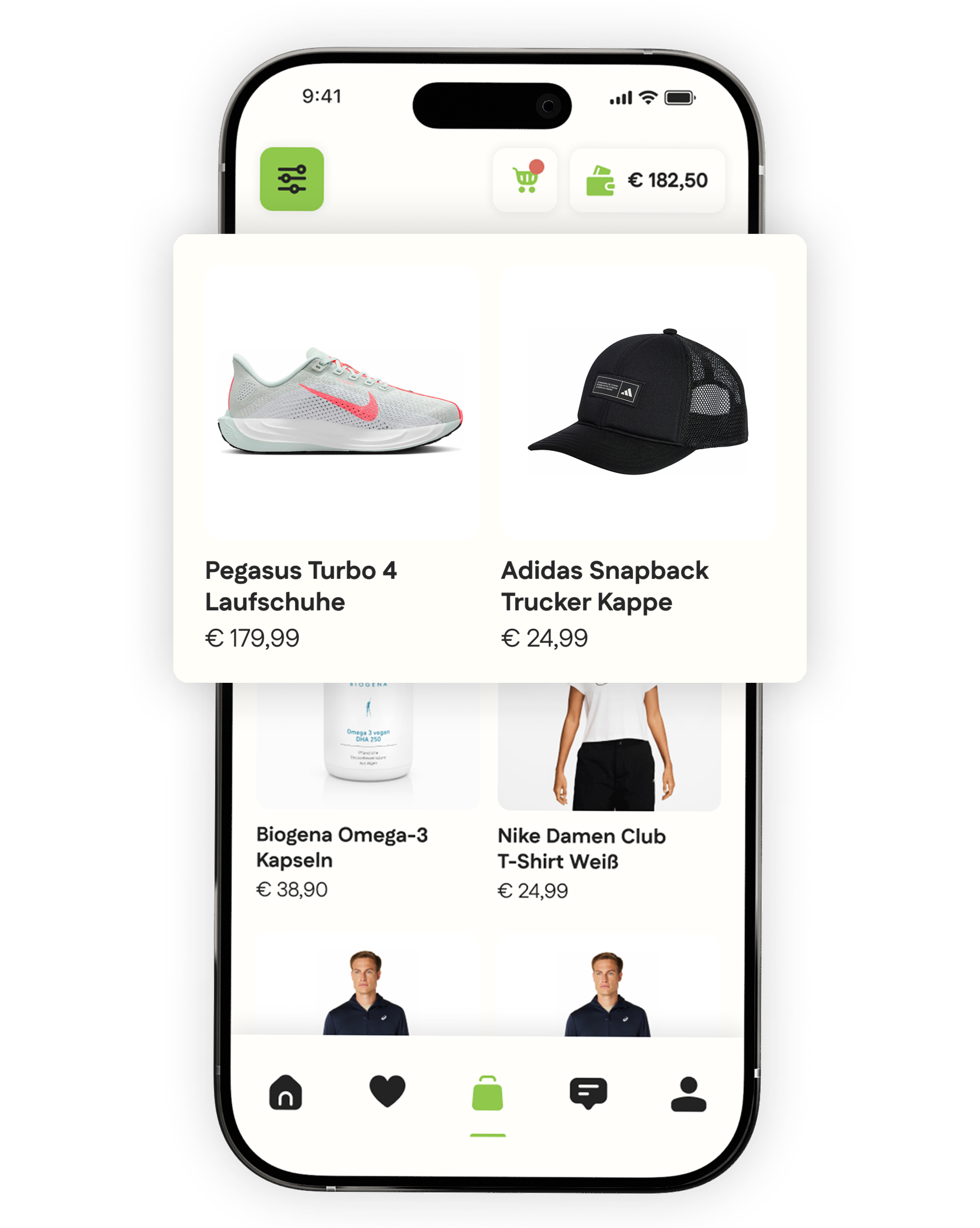 Smarphone mit Move to Pay-App, Schuhe, Mützen, Nahrungsergänzungsmittel und Kleidung zeigt. Eine Pop-up-Box hebt einen Nike Pegasus Turbo 4 Laufschuh und eine Adidas Snapback Trucker Kappe hervor, mit Preisen von 179,99 € bzw. 24,99 €.