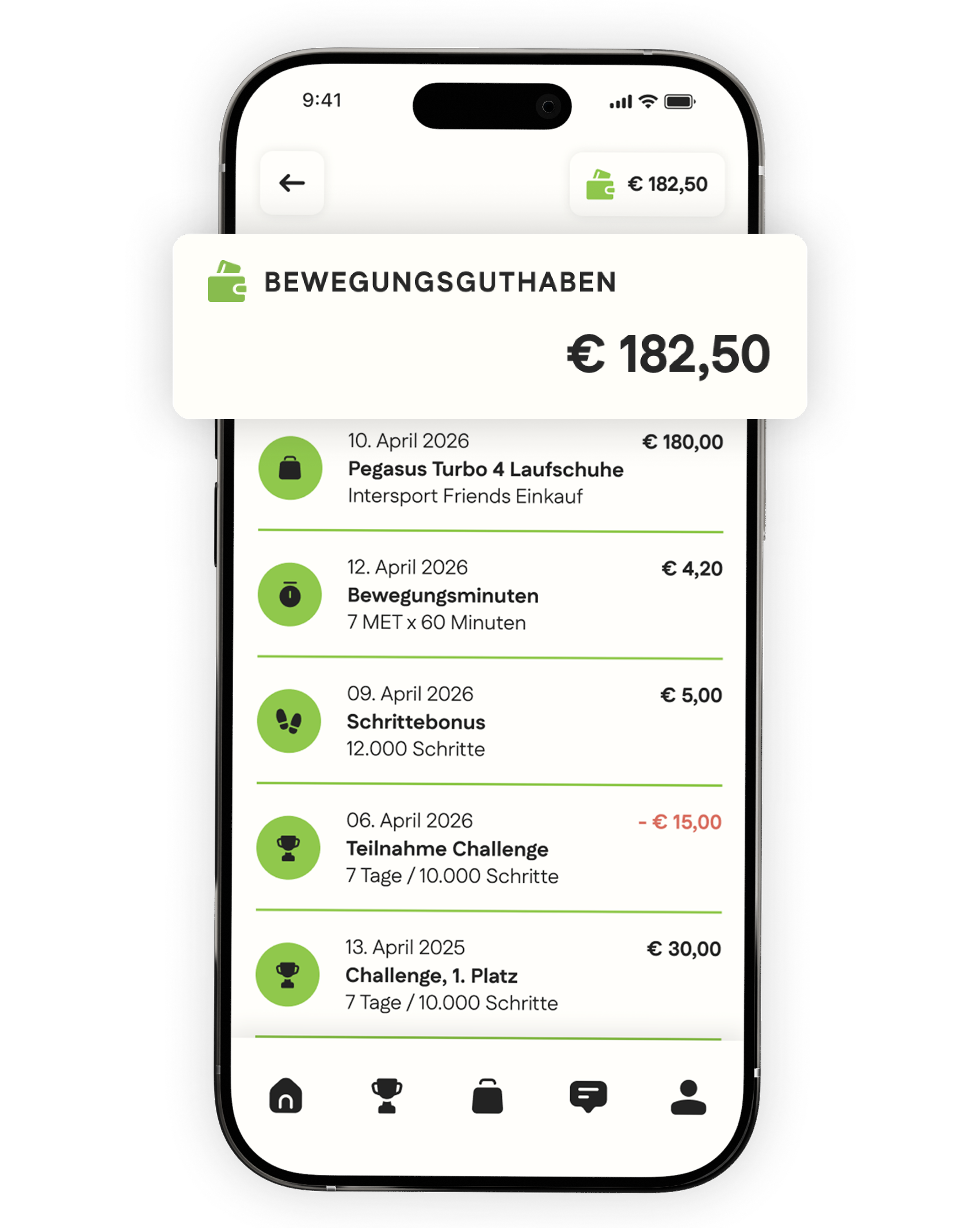 Smartphone-Display Move to Pay mit Kontostand und Transaktionsliste, zeigt den Kontostand von 182,50 Euro, mit Einträgen zu Schuhen, Bewegungsminuten, Schrittergebnis, Challenge-Teilnahme und Gewinn.
