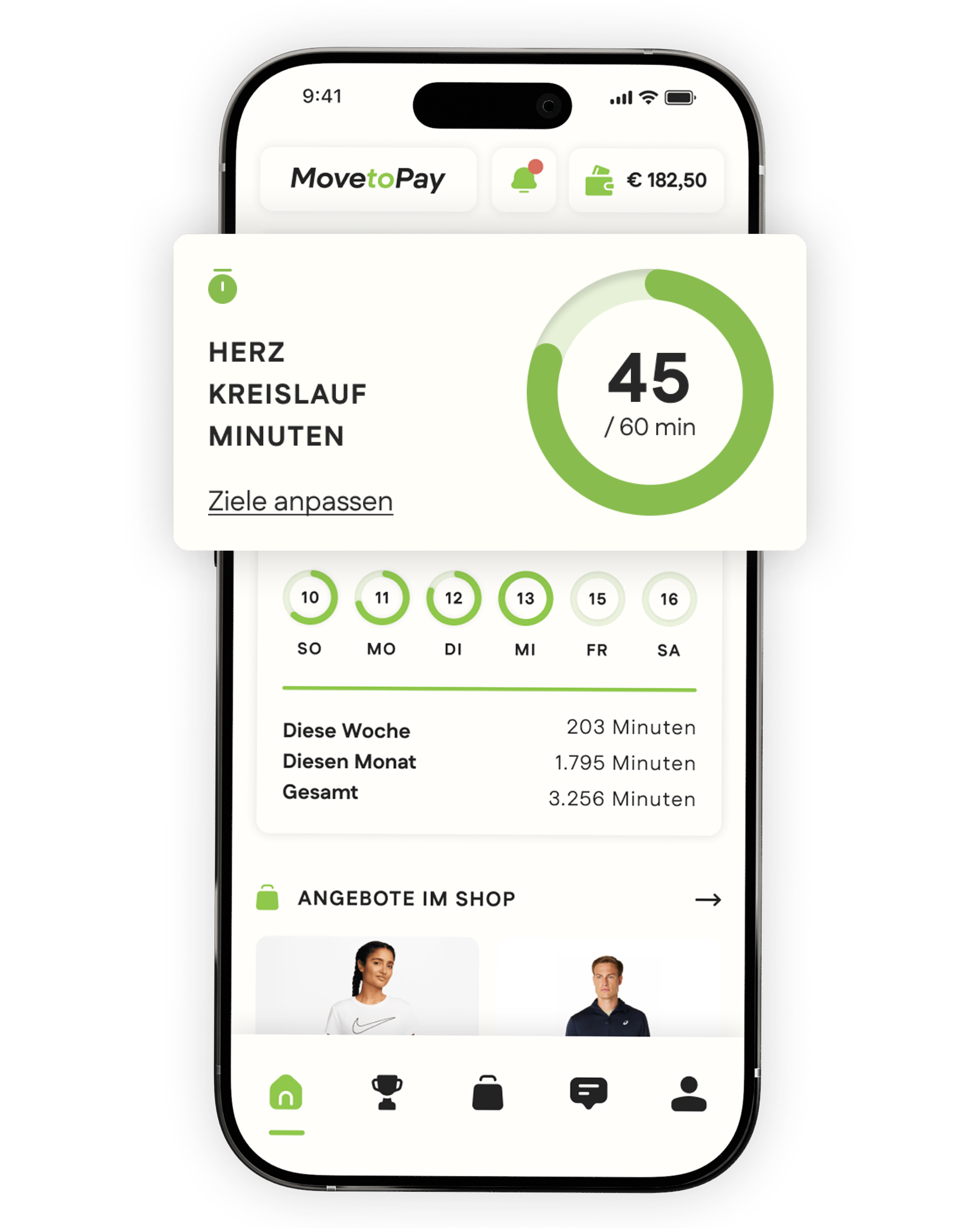 Smartphone Bildschirm mit Move to Pay-App, zeigt Herz-Kreislauf-Workout, 45 Minuten von 60 Minuten, tägliche und wöchentliche Minuten, Menüleiste mit Symbolen.