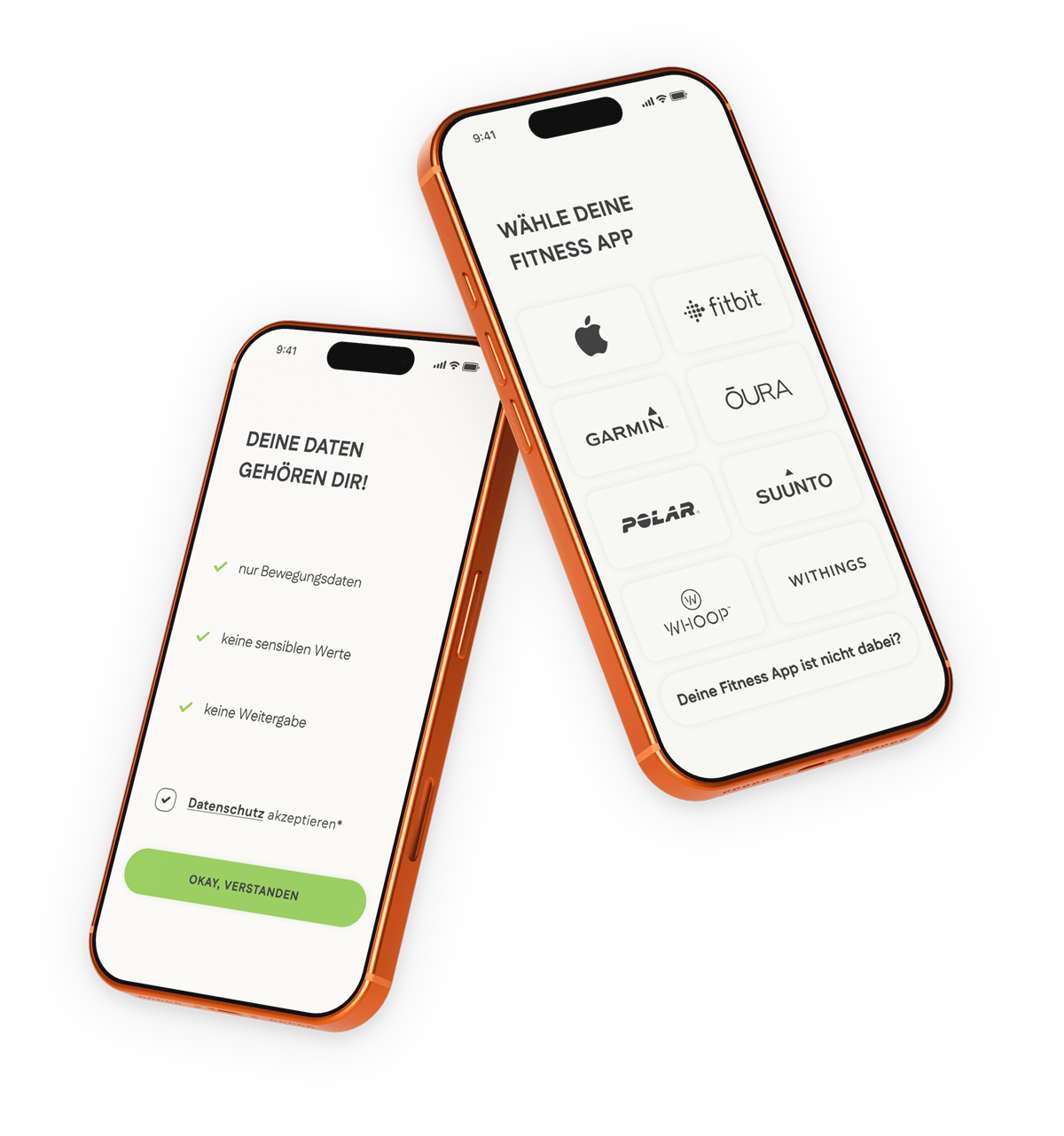 Zwei Smartphones zeigen die Move to Pay App für die Auswahl einer Fitness-Trackings-App und die Datenfreigabe, mit Texten auf Deutsch.