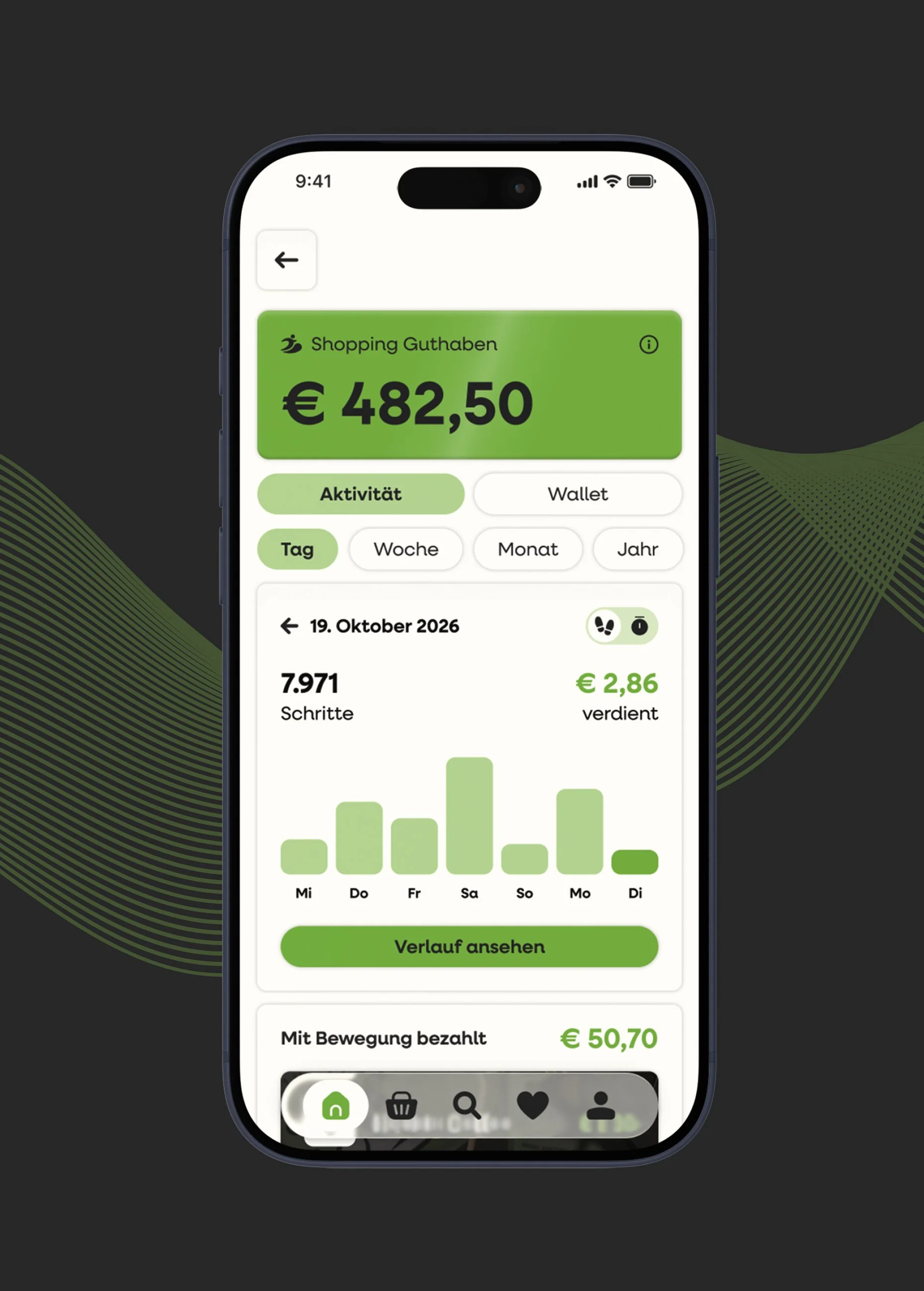 Screenshot der move2pay App auf einem Smartphone. Die App zeigt das Guthaben von 482,50 € an, mit verschiedenen Aktivitäten, Wochen- und Monatsübersichten sowie eine Fuß- und Bewegungsaktivität für den 19. Oktober 2026.