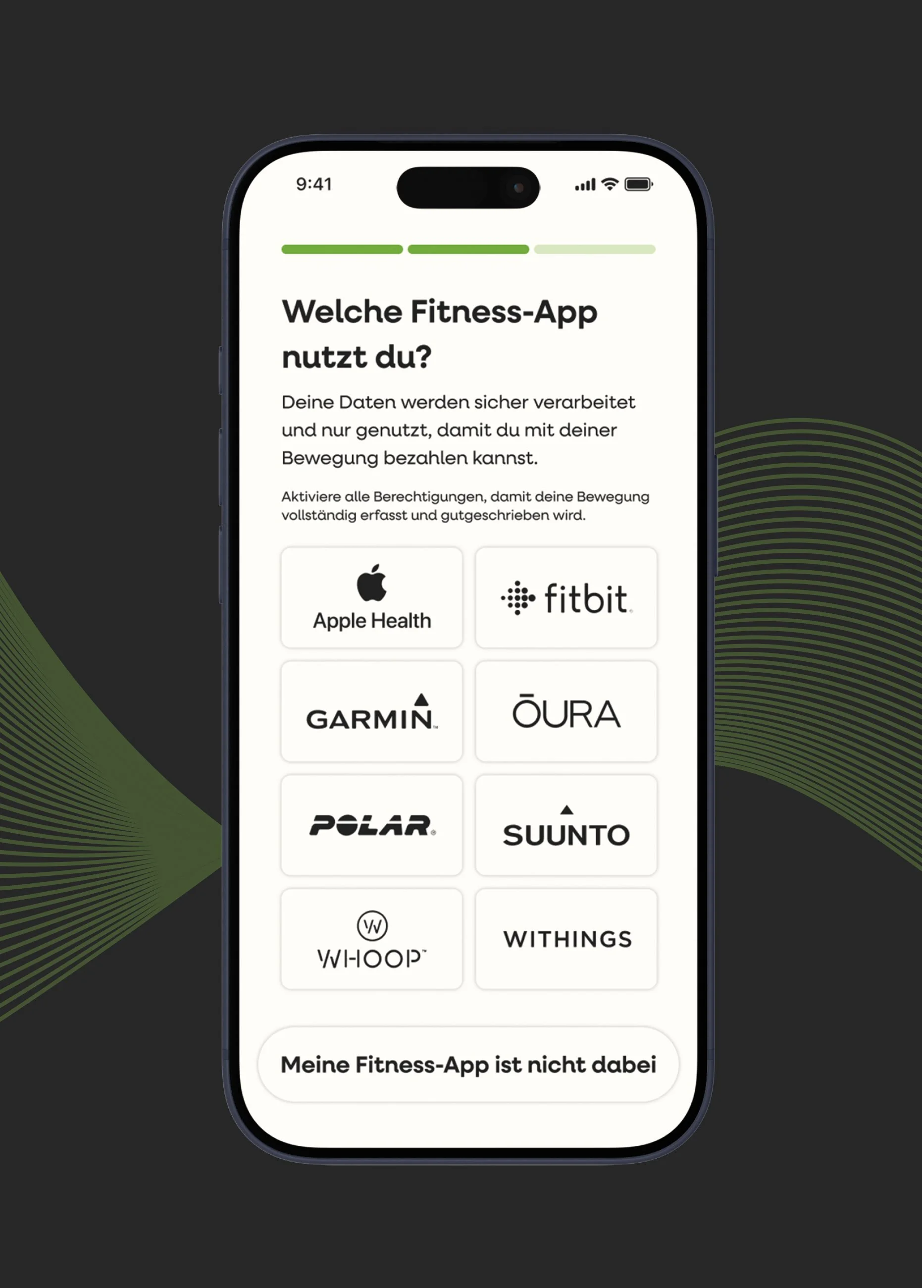 Frage 'Welche Fitness-App nutzt du?' und Logos verschiedener Fitness-Apps wie Apple Health, Fitbit, Garmin, Oura, Polar, Suunto, Withings, Whoop, und MyFitnessPal. Unten befindet sich eine Nachricht, dass die Fitness-App nicht verwendet wird.