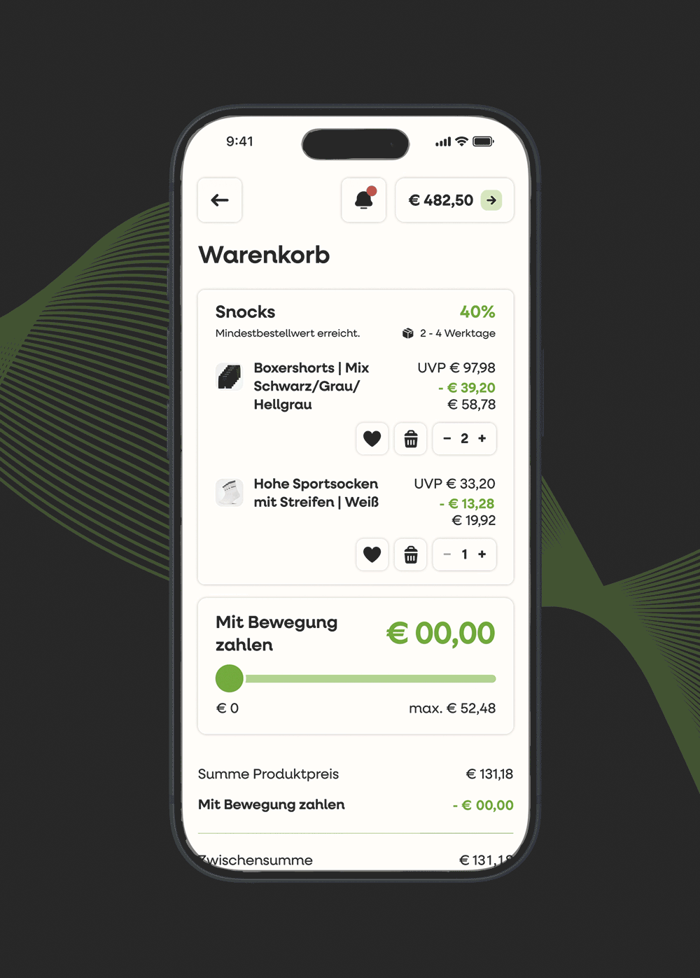 Mobiler Einkaufskorb in der move2pay App mit Artikeln wie Boxershorts und Sportsocken, inklusive Preisen, Rabatten und einer Funktion zur Bezahlung per Bewegung.