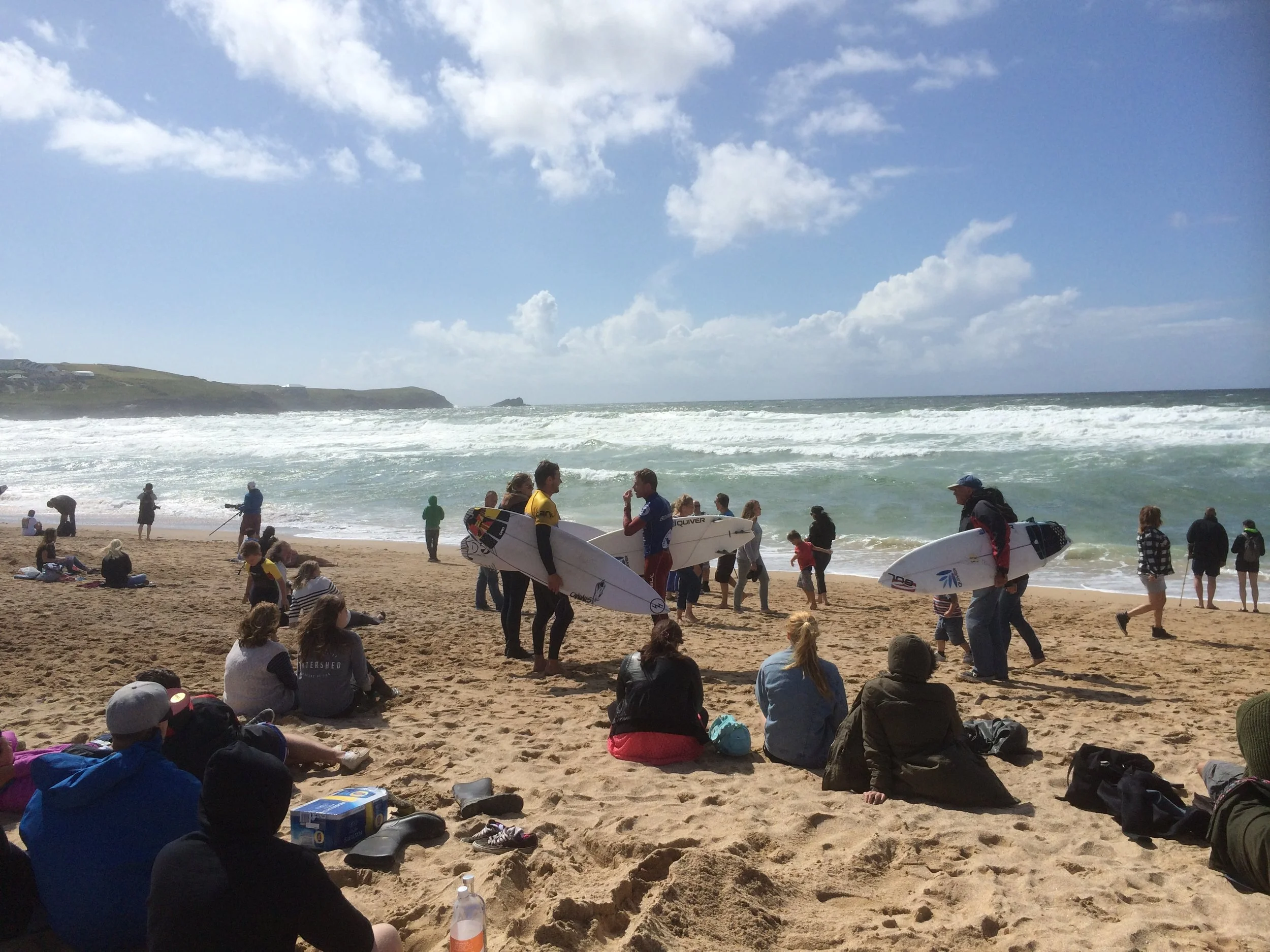 People enjoying the Surfing Champoinships at Fistral Beach British Surf Champoinships