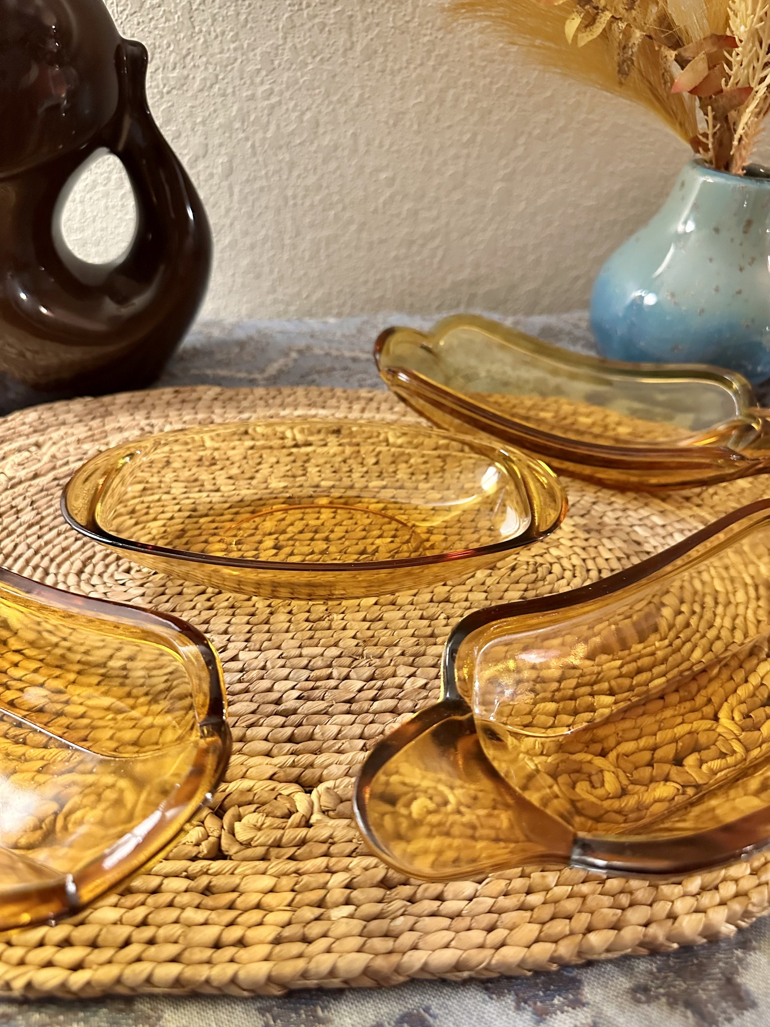 Vintage Mid Century Banana Split Amber Dishes (Set of 3) with Matching Candy Dish
