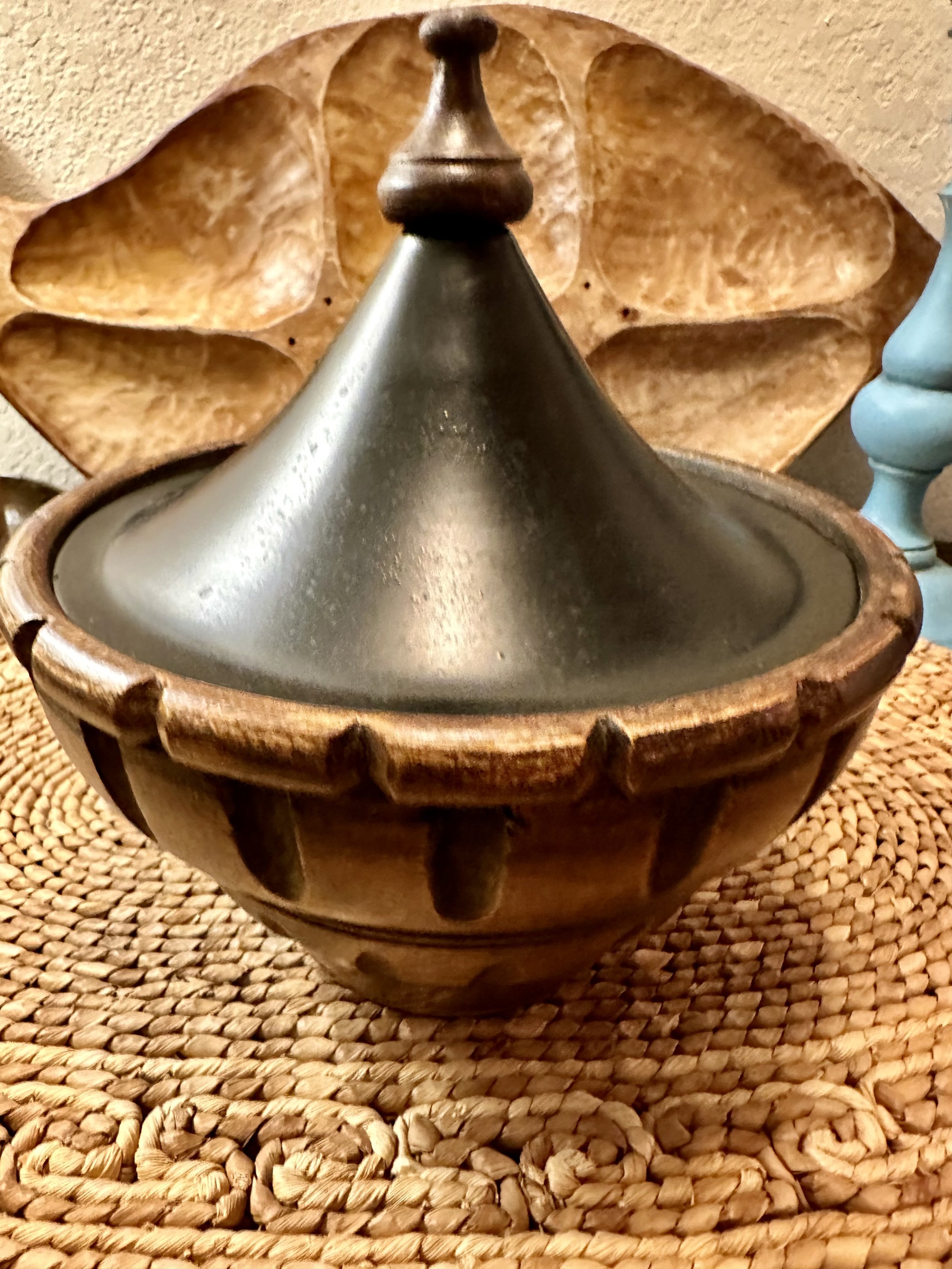 Vintage Rustic Decorative Wooden Trinket Bowl with Black Metal Lid - Made in India