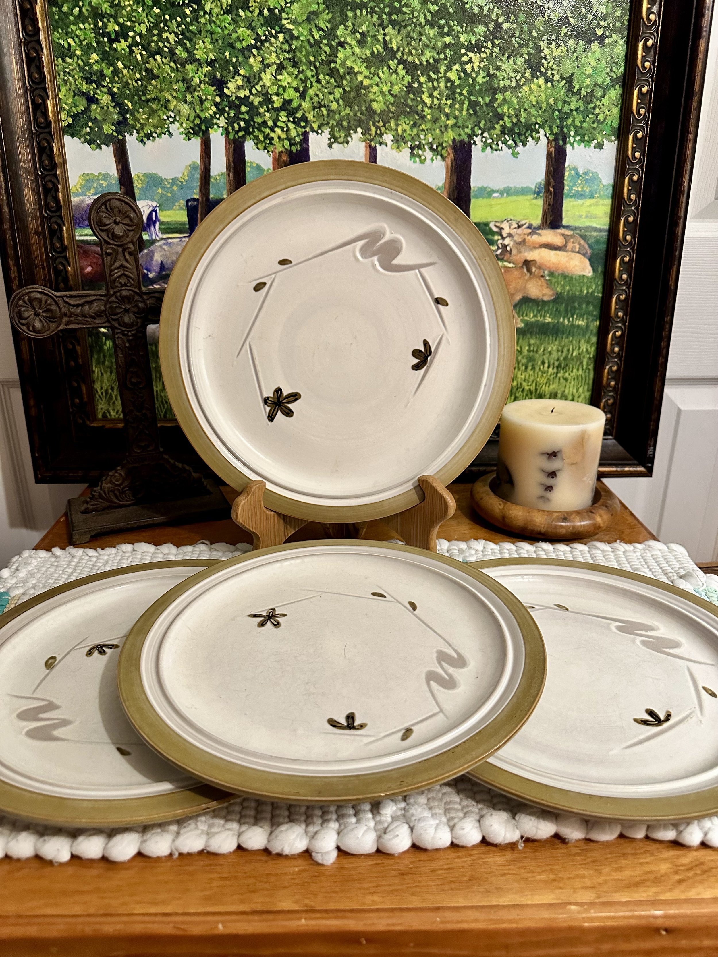 Japanese Kasuga Showa Stoneware Hand Painted Plates (set of 3) and Large Platter