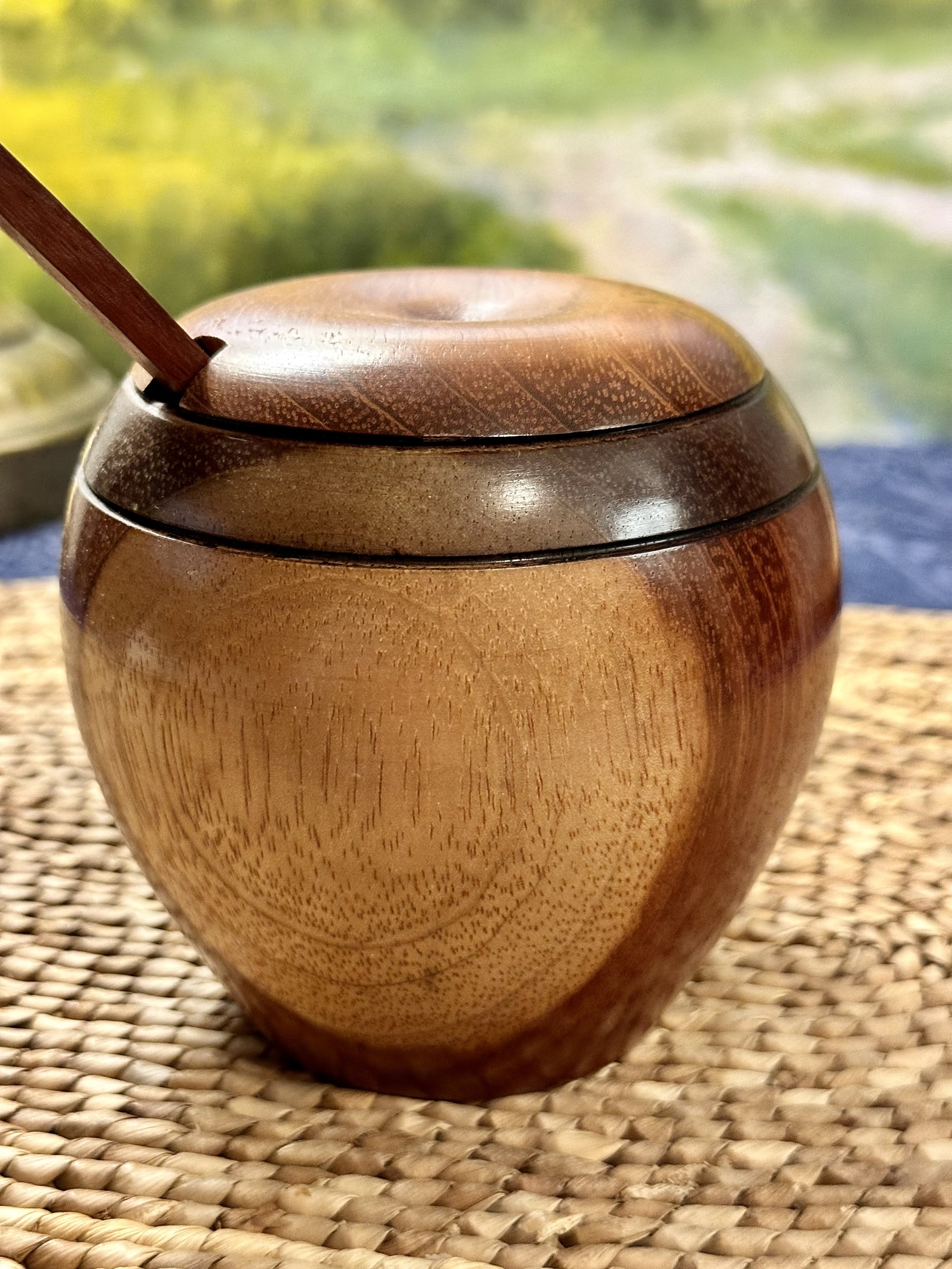 Nicaragua Turned Wooden Apple Shape Salt, Spice, Tea Trinket Jar with Spoon - As Is