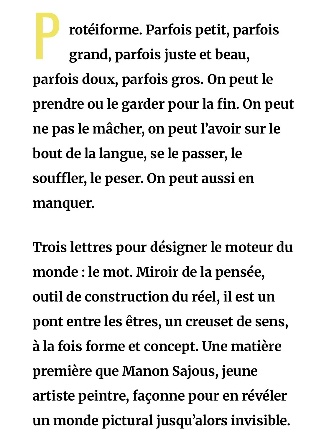 Page de texte en français expliquant le travail de Manon SAJOUS. 
