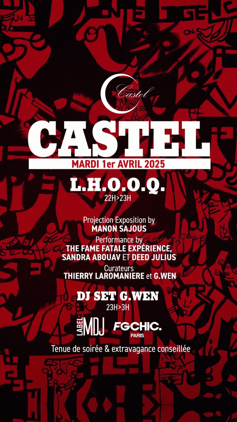 Affiche pour un événement (expo de l'artiste peintre, Manon SAJOUS) chez castel, club privé, paris, le mardi 1er avril 2025, avec performances et projections, avec une ambiance artistique et festive.