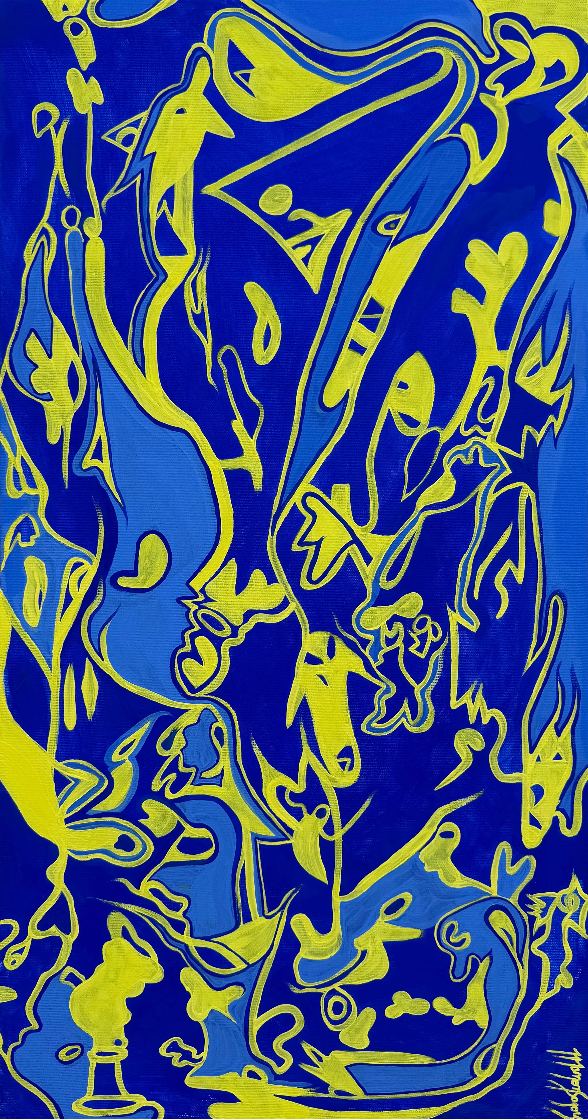 Tableau, secrets des nuances, oeuvre sur mesure pour un client, dans les tons bleus et jaune