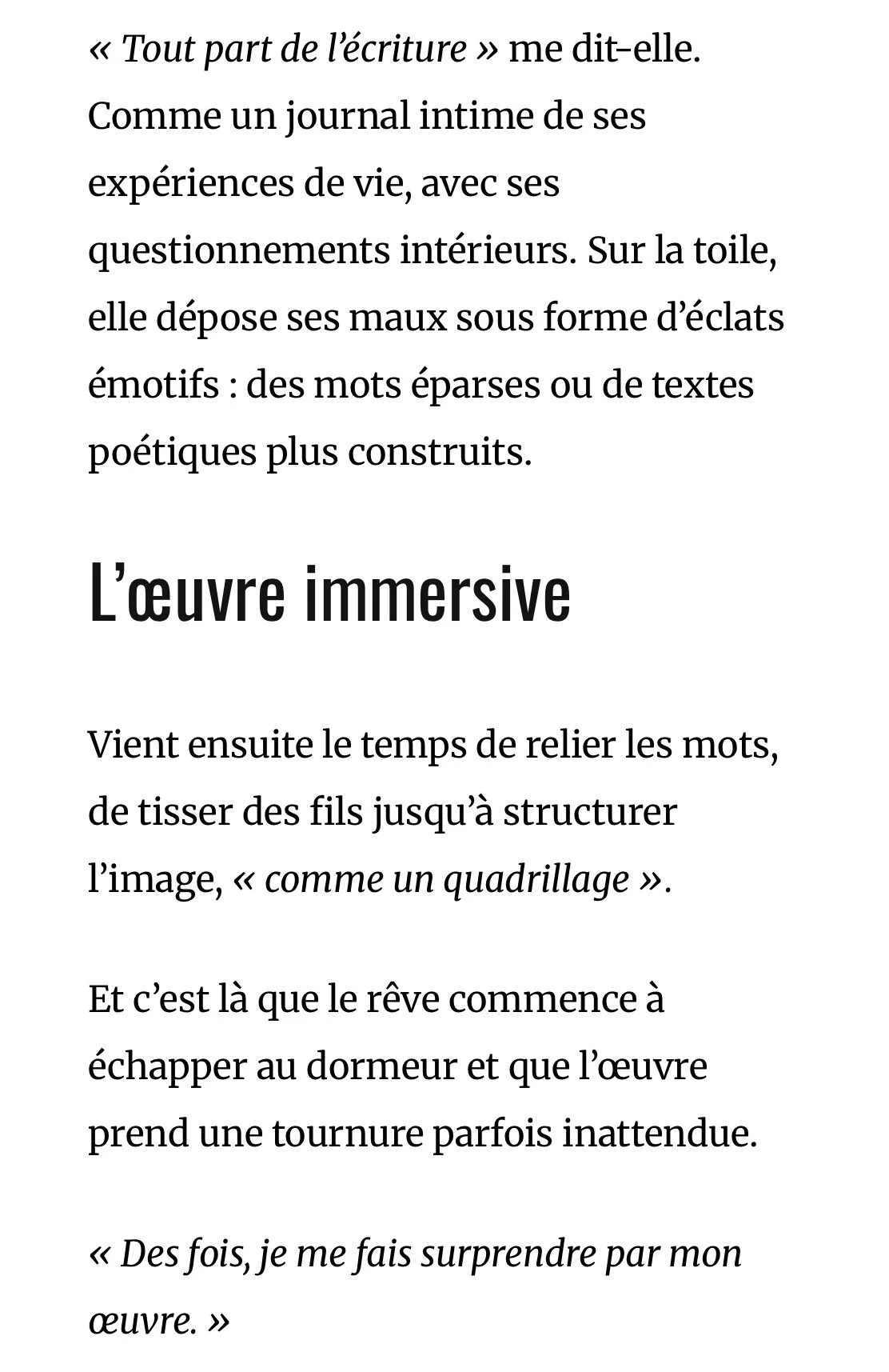 Page de texte en français intitulée "Le fil rouge poétique" avec une citation sur la poésie, l'art et l'interprétation. Expliquant le travail de l'artiste Manon SAJOUS 