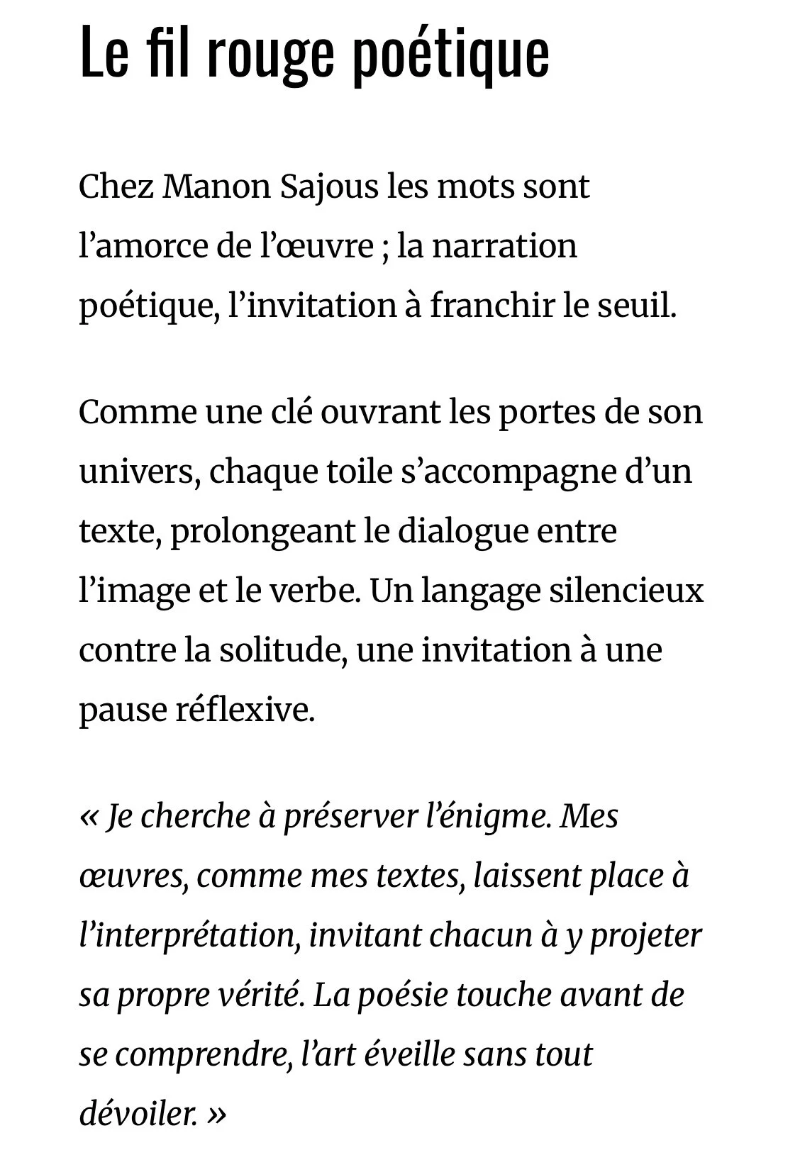 Page de texte en français, avec titre 'Le fil rouge poétique', discours sur l'œuvre de Manon Sajous, la poésie, et la réflexion sur l'art et l'enigme.