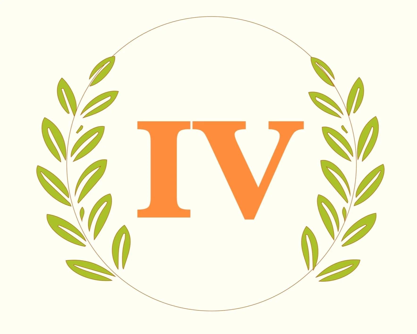 Decorative image with orange letter 'V' in the center, encircled by green leafy branches on a beige background.