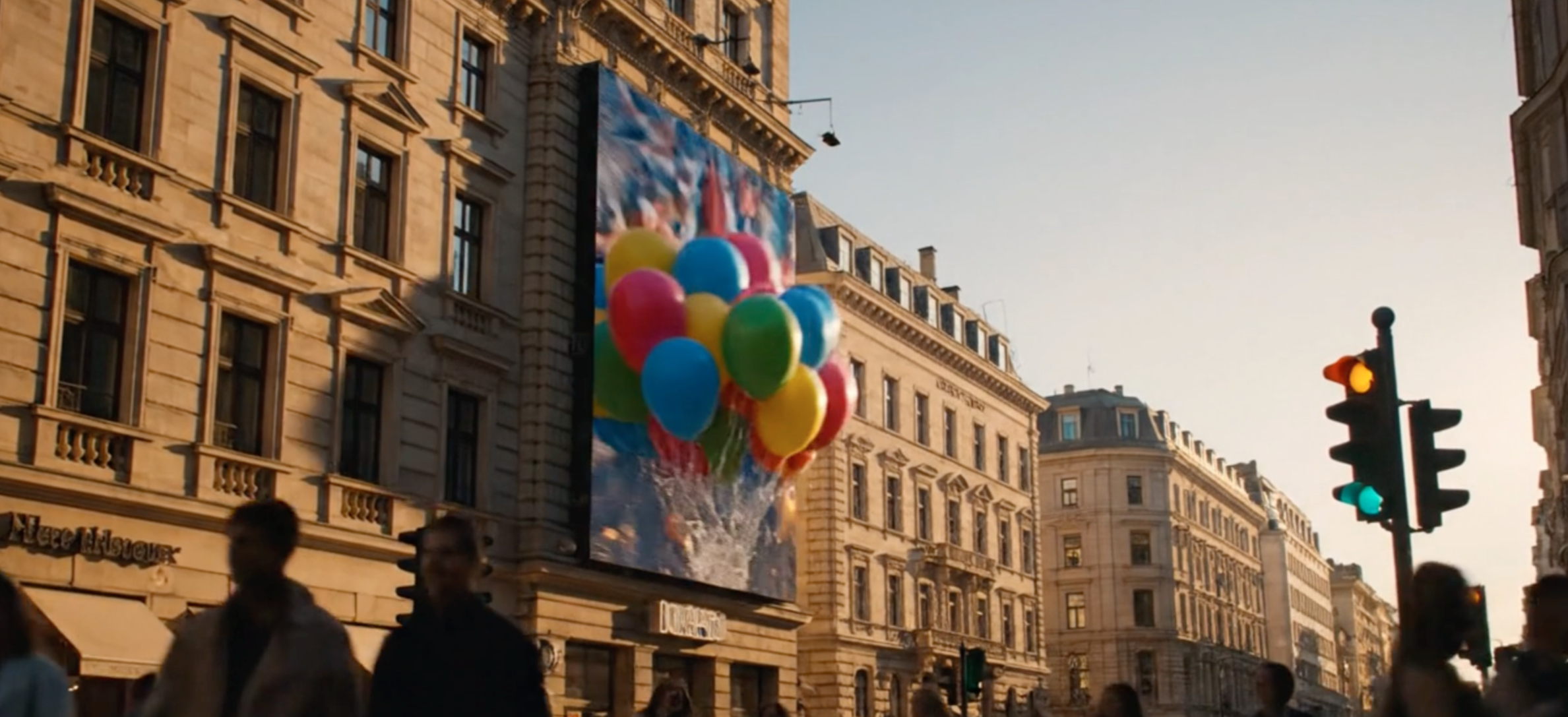 Symulacja reklamy outdoor Urban Ads – wielkoformatowy billboard z kolorowymi balonami na elewacji w centrum miasta