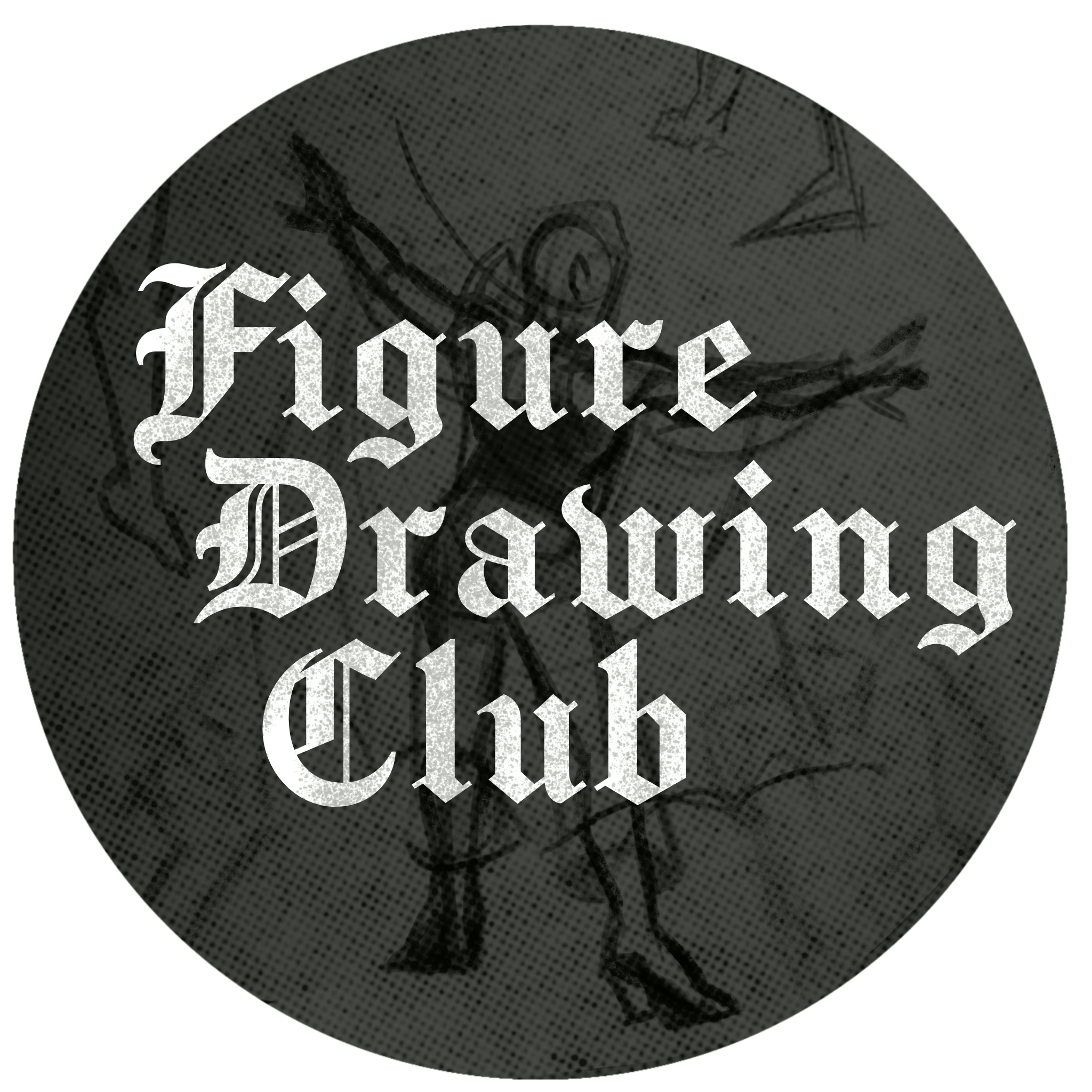 A round object with a black-and-white sketch of a fiery or mechanical creature in the background. Overlaid on the object are the words "Figure Drawing Club" in large, white gothic font.