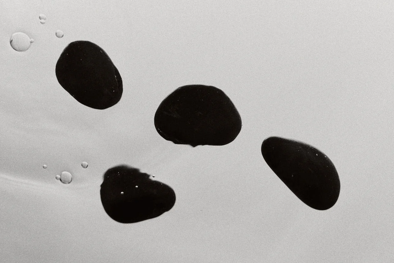 Black stones and small bubbles in water, taken from below surface, in black and white.