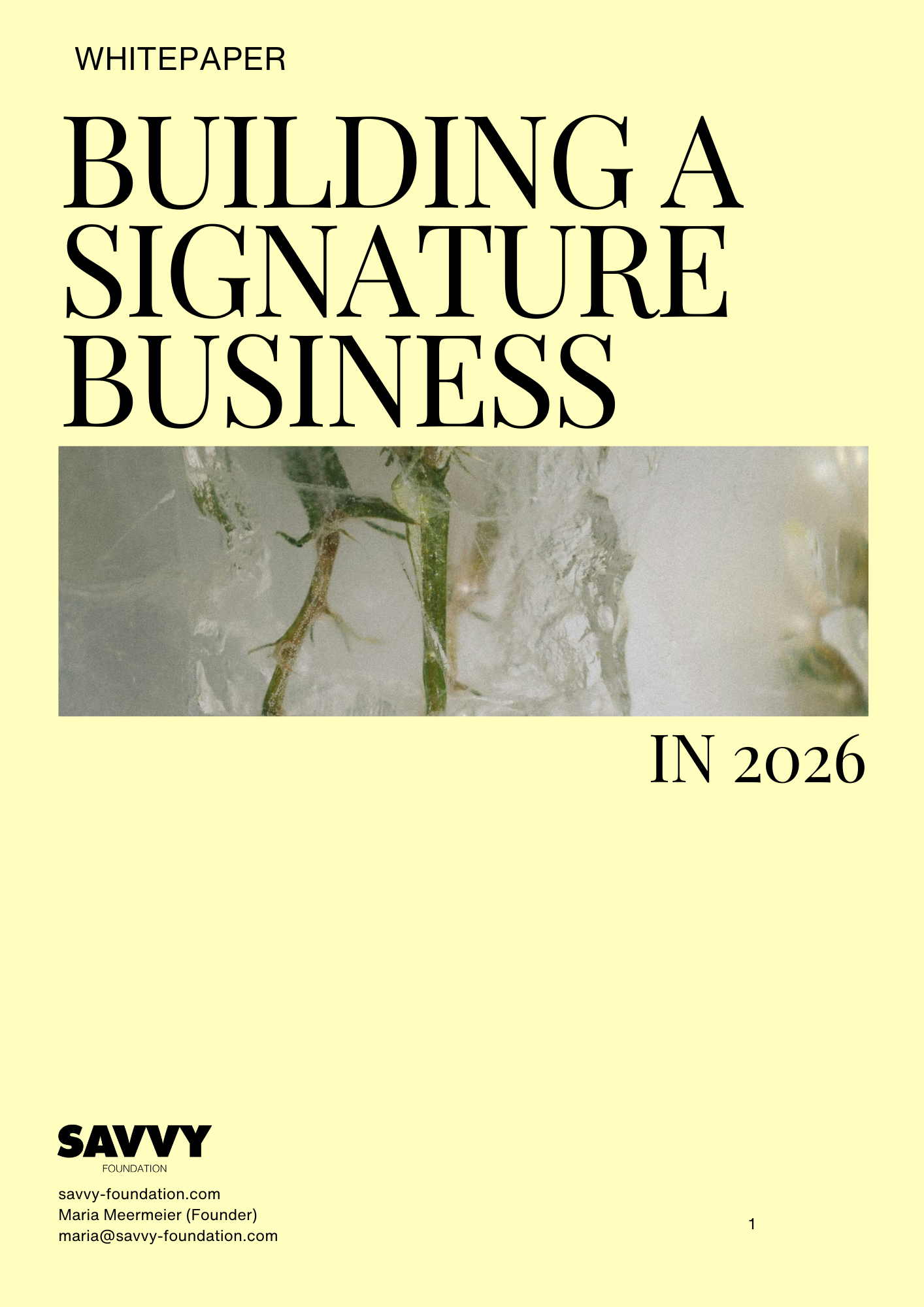 Whitepaper cover titled 'Building a Signature Business in 2026' with a plant image and 'Savvy Foundation' branding and contact information at the bottom.