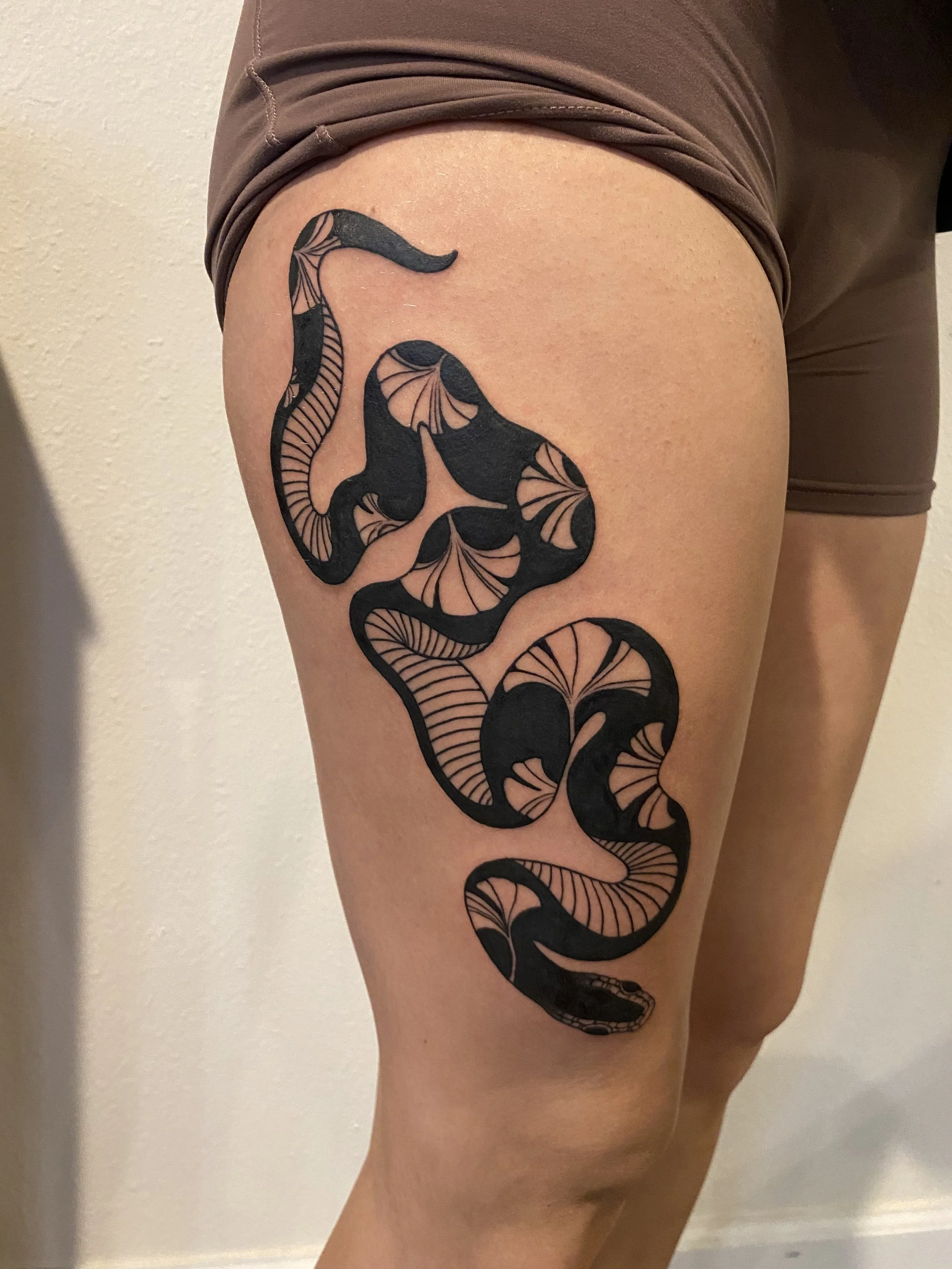 Solid blackwork, snake, ginko leaves