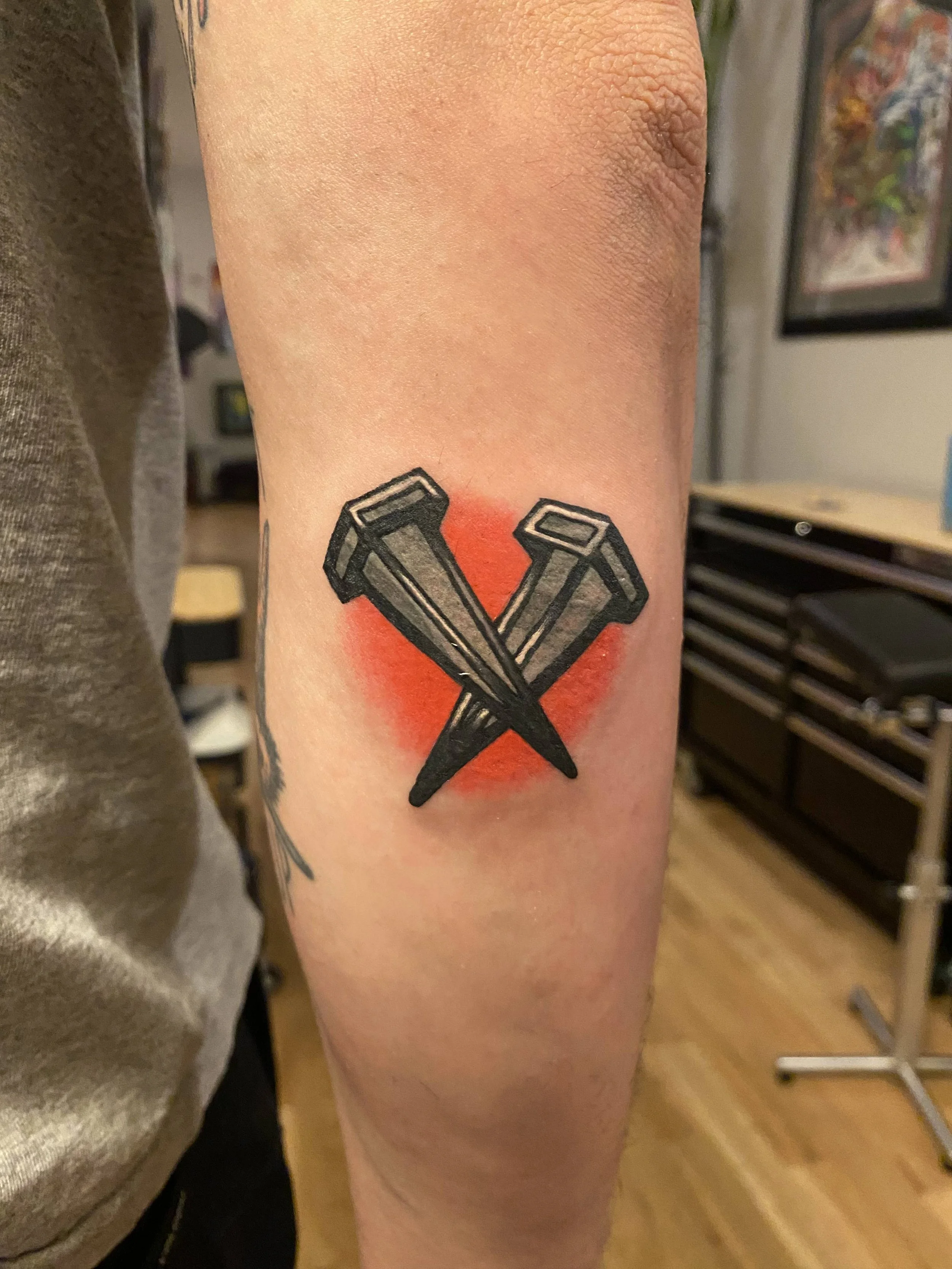 American traditional nails in a stained glass style