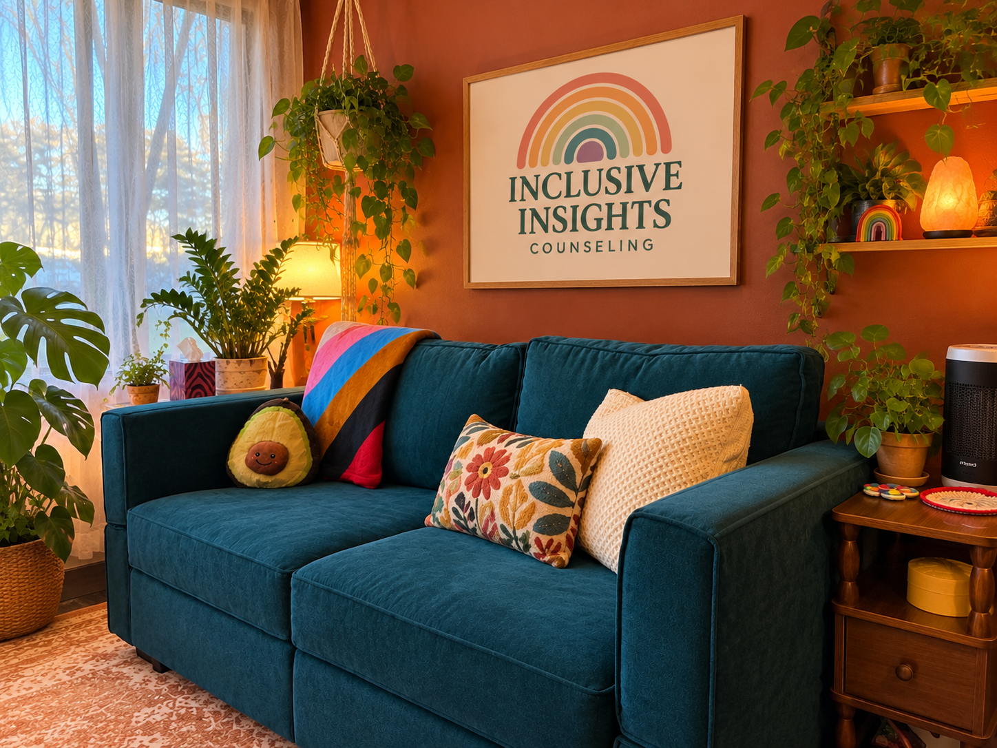 Inclusive Insights Mental Health Counseling therapy office in Rochester, NY, with a teal couch, warm lighting, plants, colorful pillows, and an LGBTQIA+ affirming rainbow logo.