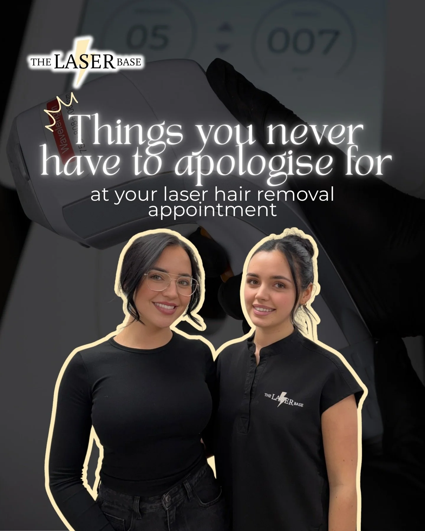 Things you never have to apologise for at your laser hair removal appointment💛

Missing hairs when shaving
Your body
Feeling nervous
Asking questions
It being that time of the month

These are things we come accross every single day with new and cur