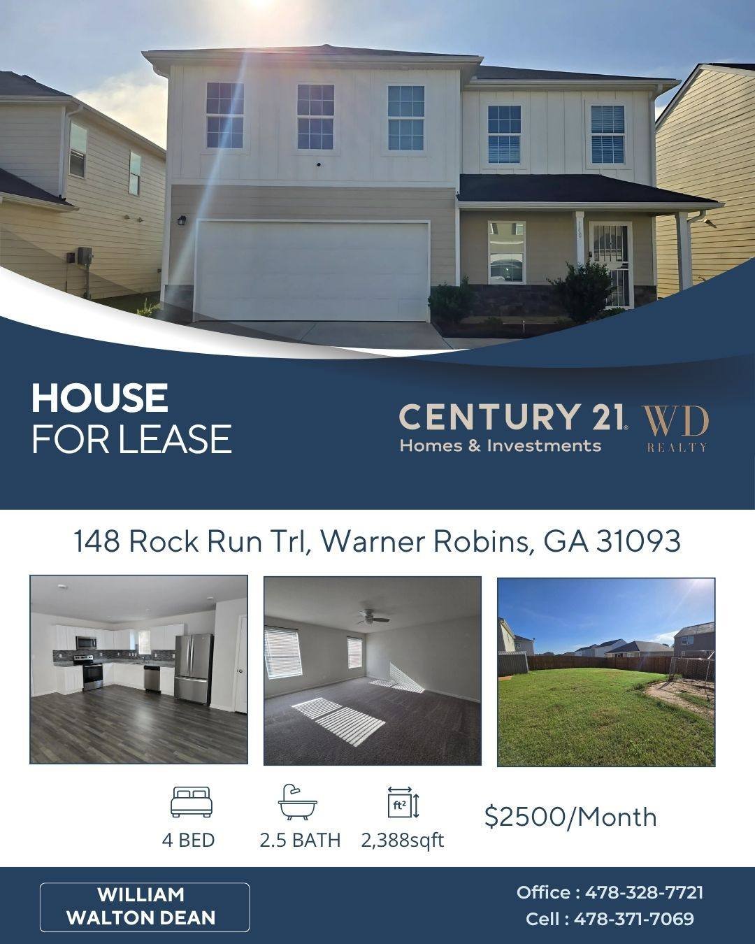 🏡 For Lease in Warner Robins!

148 Rock Run Trl | $2,500/mo
4 Bed | 2.5 Bath | 2,388 Sqft
Modern 2-story home in Old Stone Crossing&mdash;built in 2023!
✨ Granite countertops, stainless appliances
✨ Spacious open floor plan + flex room
✨ Upstairs la