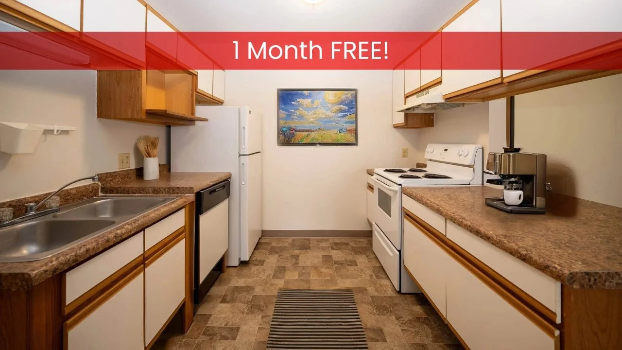 Galley kitchen in apartments in Rochester with white cabinets, brown countertops, striped rug, and a colorful painting on the back wall.