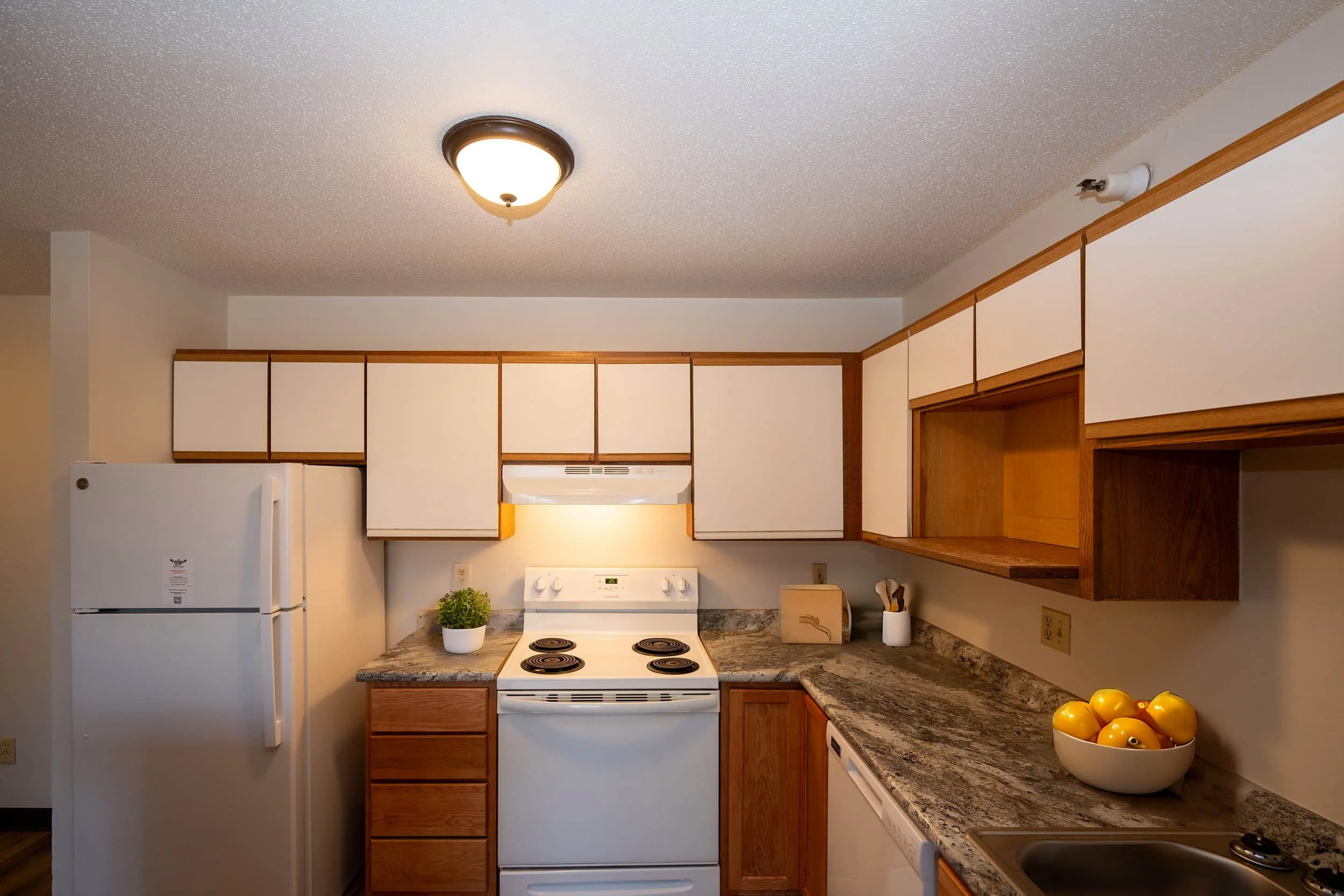 Small kitchen in apartments in Rochester with white cabinets, stove, fridge, utensils, a potted plant, and a bowl of apples.