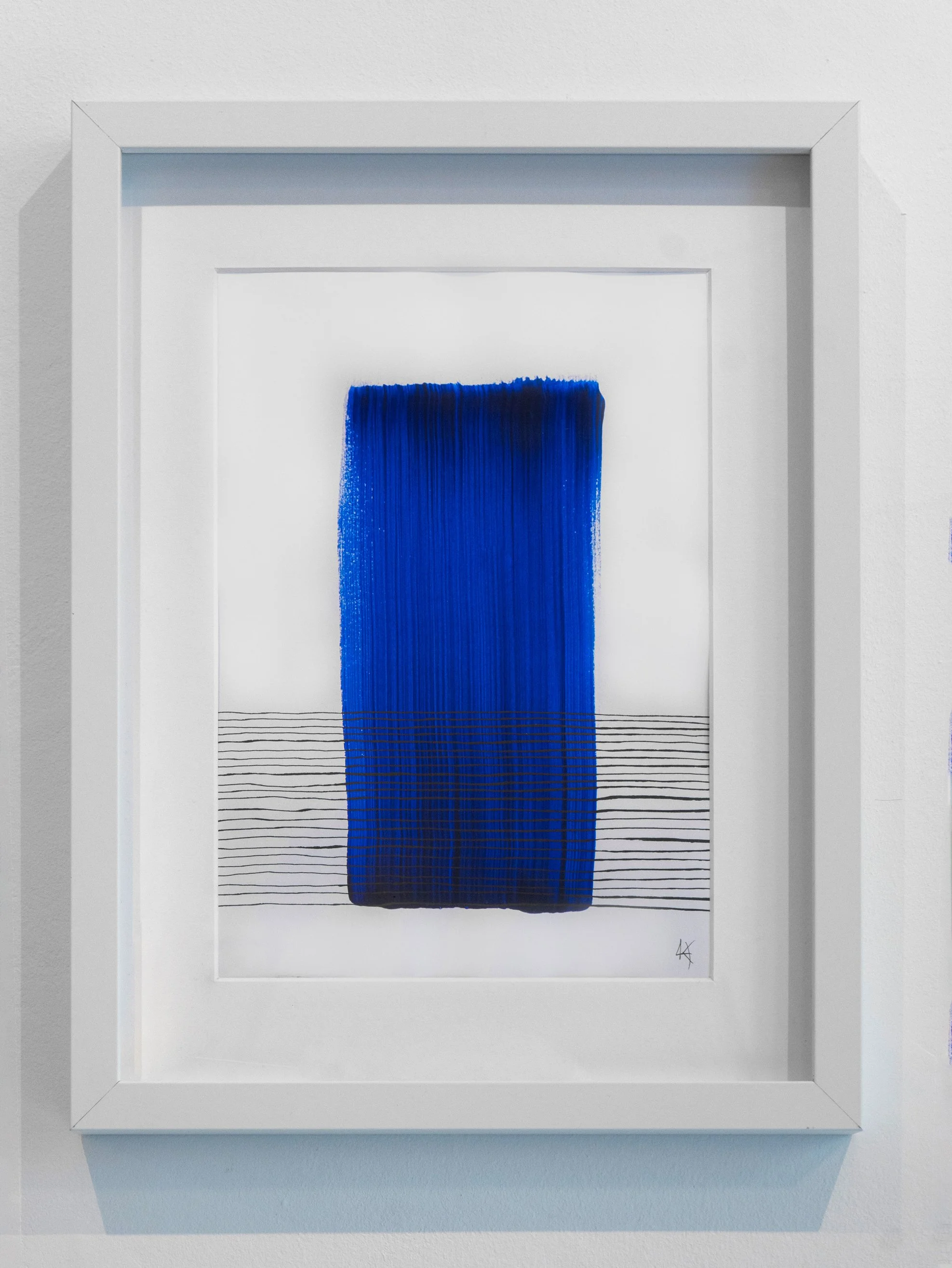 Abstract artwork featuring a large vertical blue brushstroke with horizontal black lines underneath, framed in white.