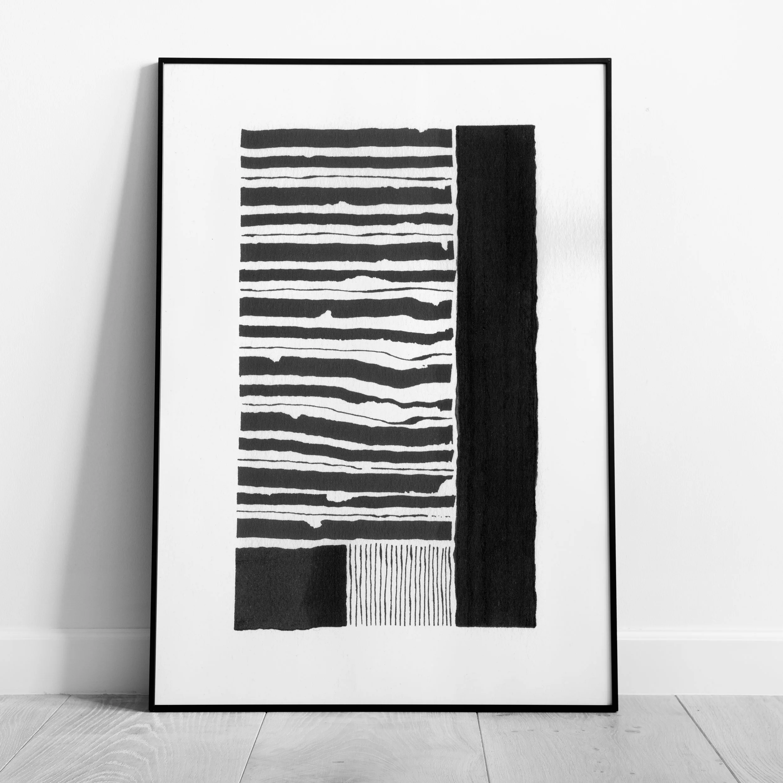 Illustration abstraite en noir et blanc avec des lignes horizontales et un rectangle vertical.