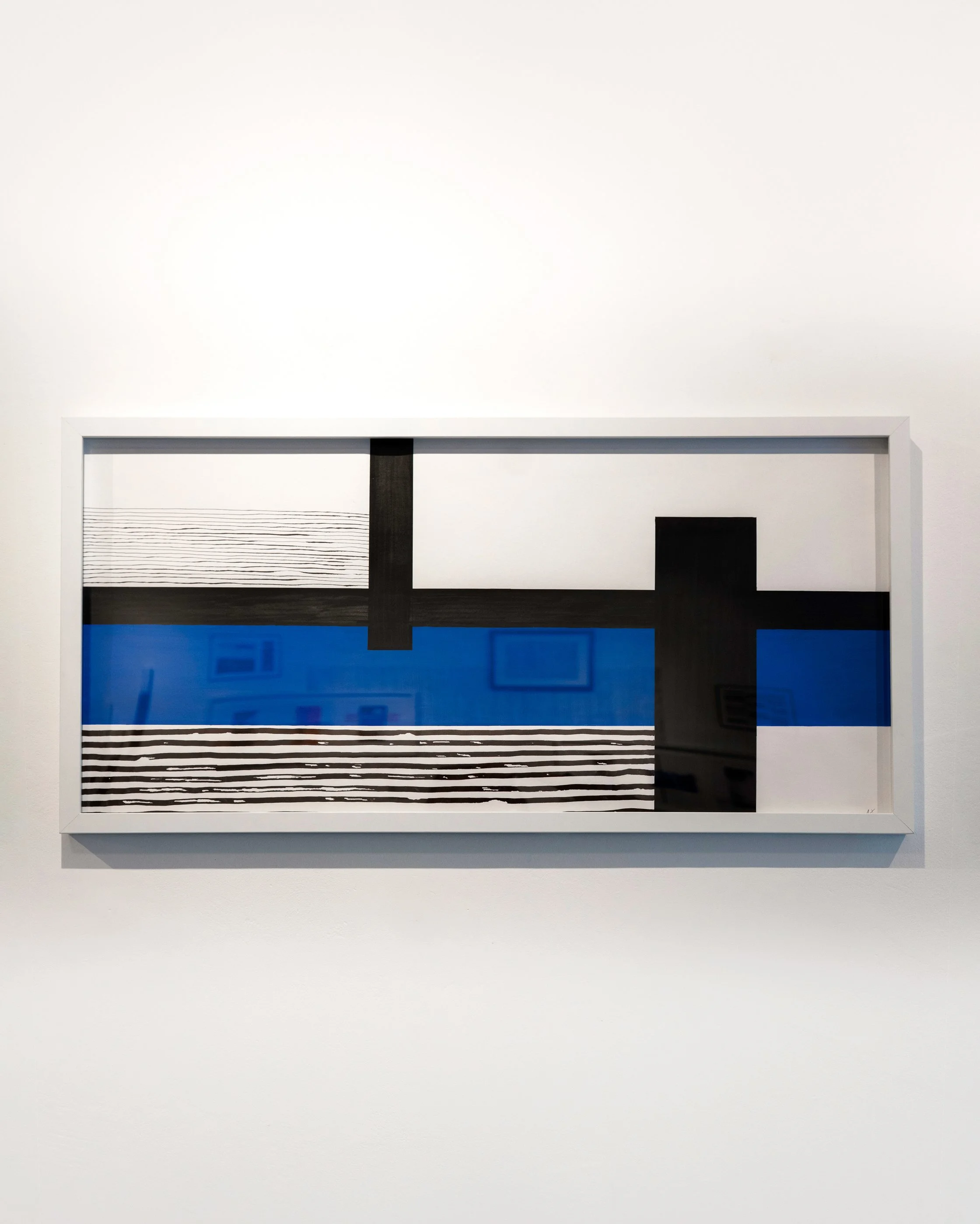 Abstract modern art piece with black lines, blue rectangles, and white background in a white frame.