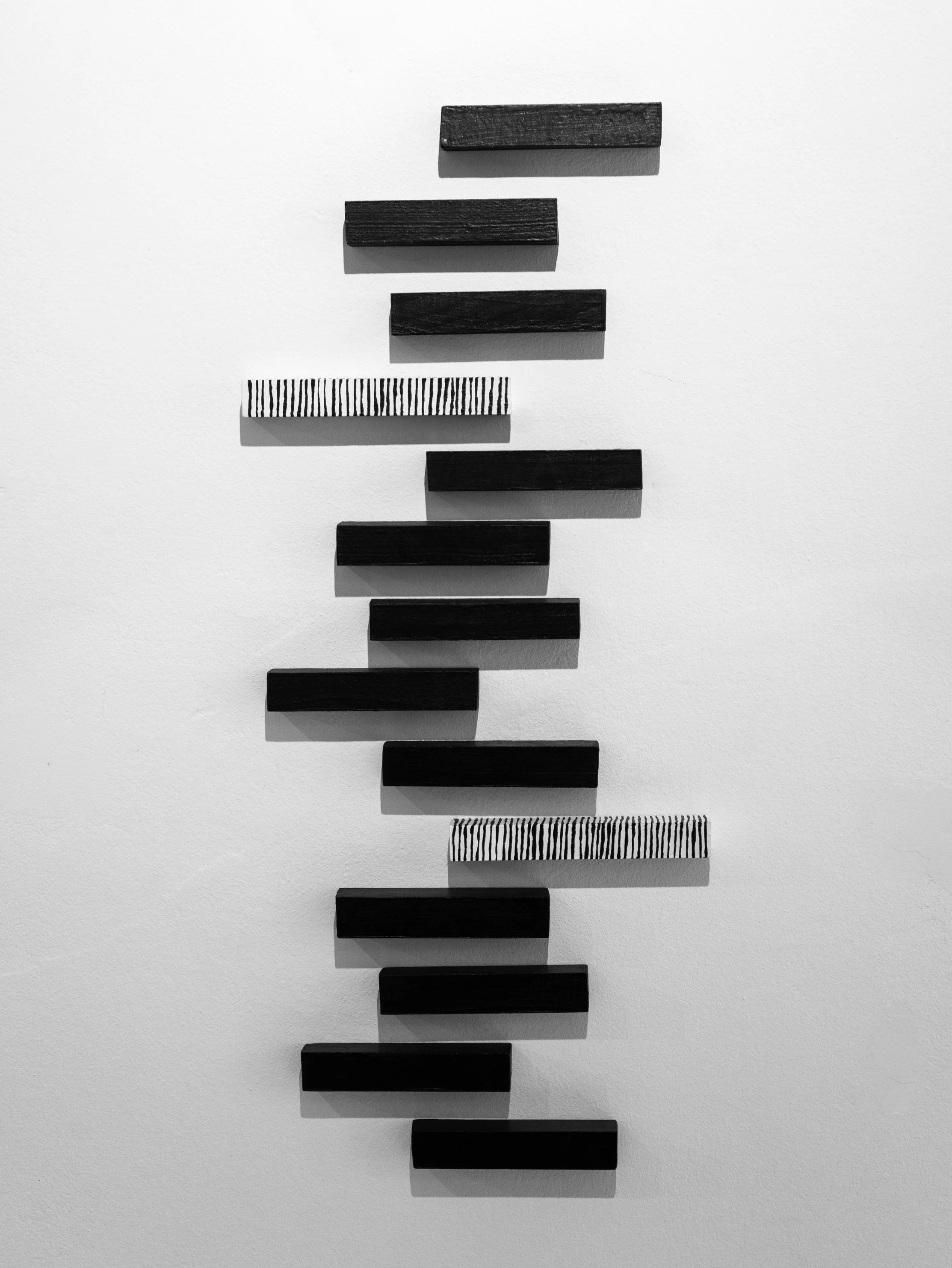 Black and white vertical abstract art installation with wooden rectangular blocks mounted on a white wall, some with striped patterns.