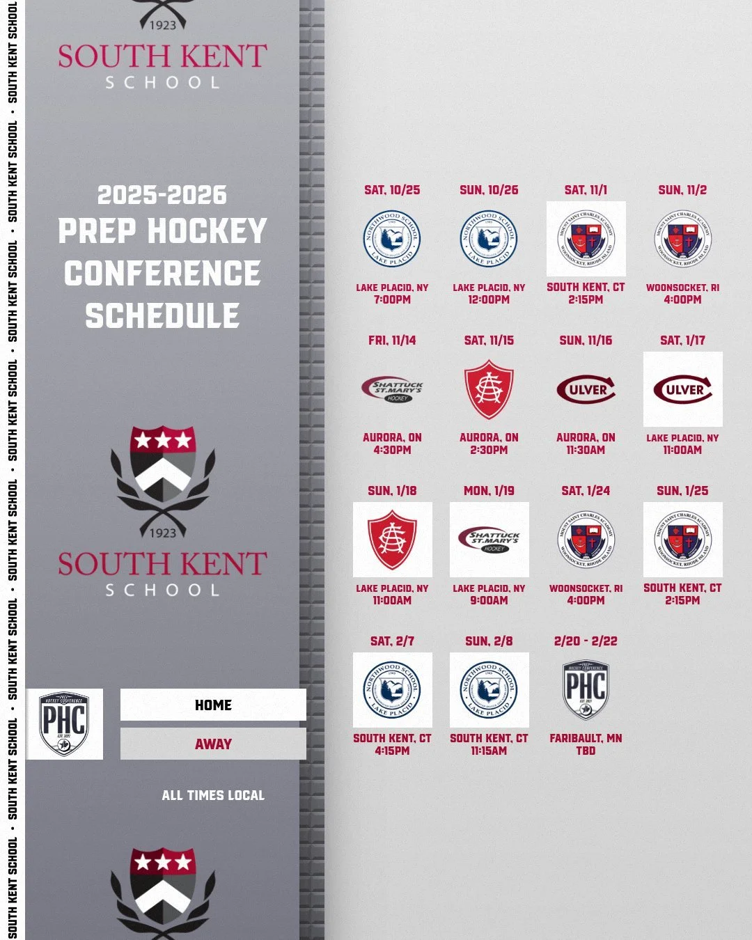 South Kent School Schedule
Full PHC Schedule: https://www.thephchockey.com/schedule