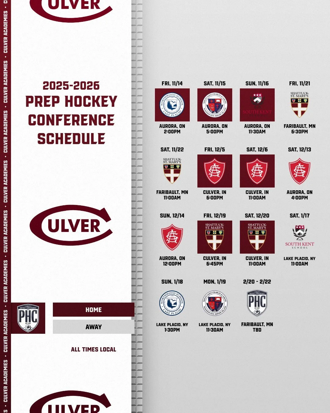 Culver Academies
Full PHC Schedule: https://www.thephchockey.com/schedule