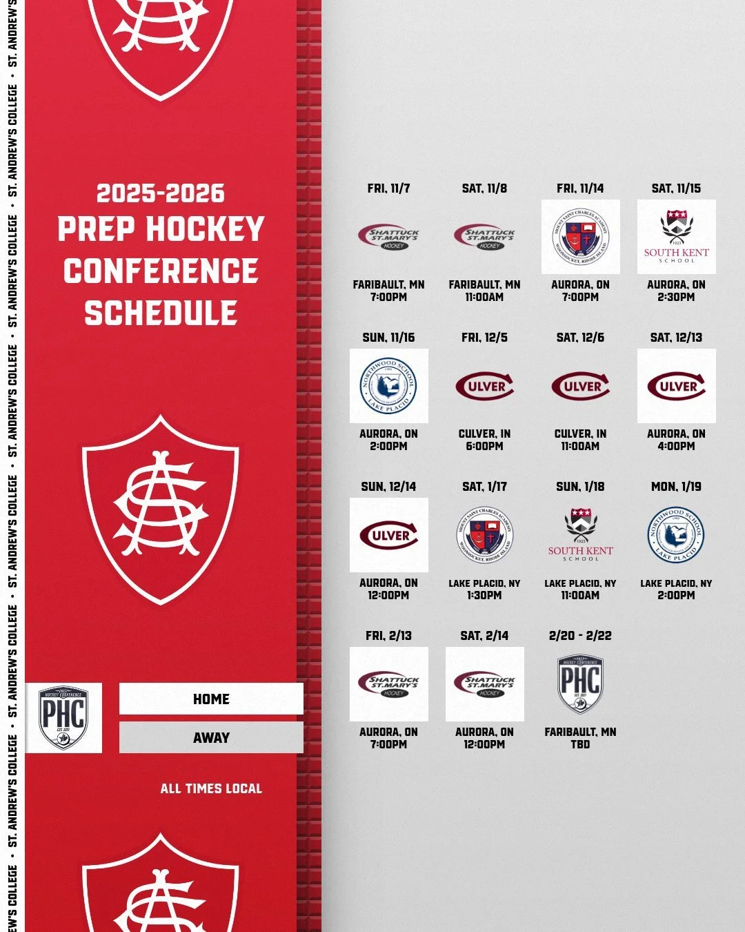 St. Andrew's College 
Full PHC Schedule: https://www.thephchockey.com/schedule